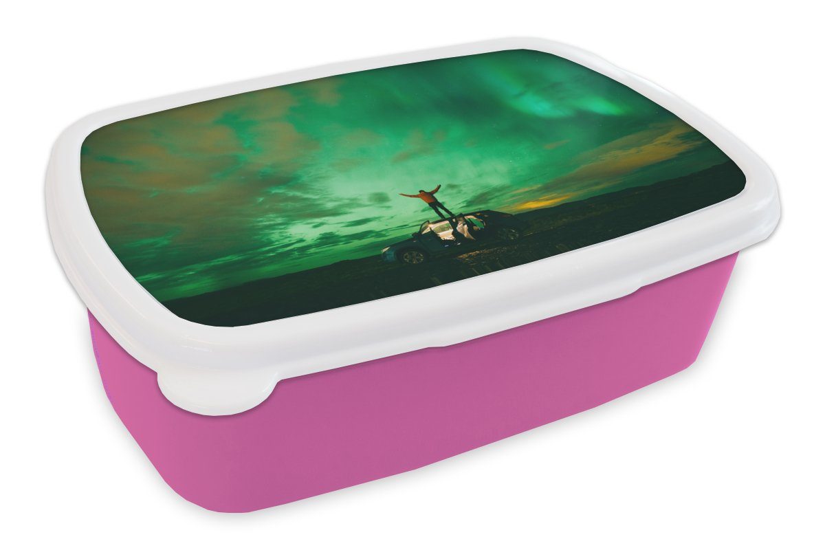 MuchoWow Lunchbox Nordluft - Auto - Reisen, Kunststoff, (2-tlg), Brotbox für Erwachsene, Brotdose Kinder, Snackbox, Mädchen, Kunststoff rosa