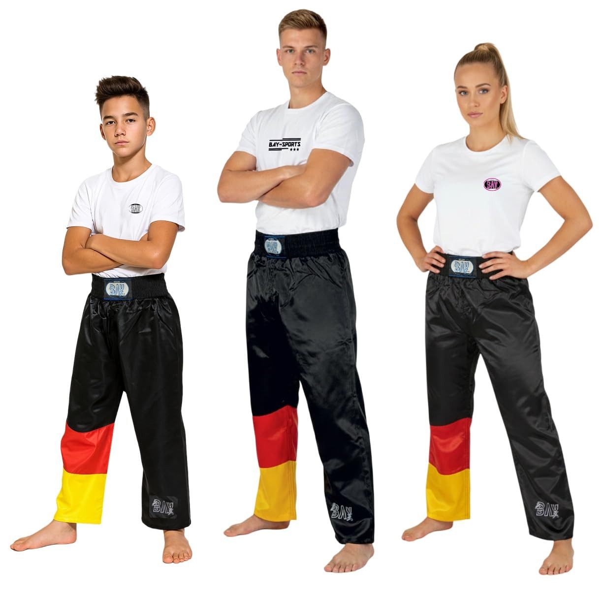 BAY-Sports Sporthose Kickboxhose GERMANY BRD Hose lang Kickboxen Kampfsport lange, leichte, locker sitzende Trainingshose, Schwarz/Rot/Gold