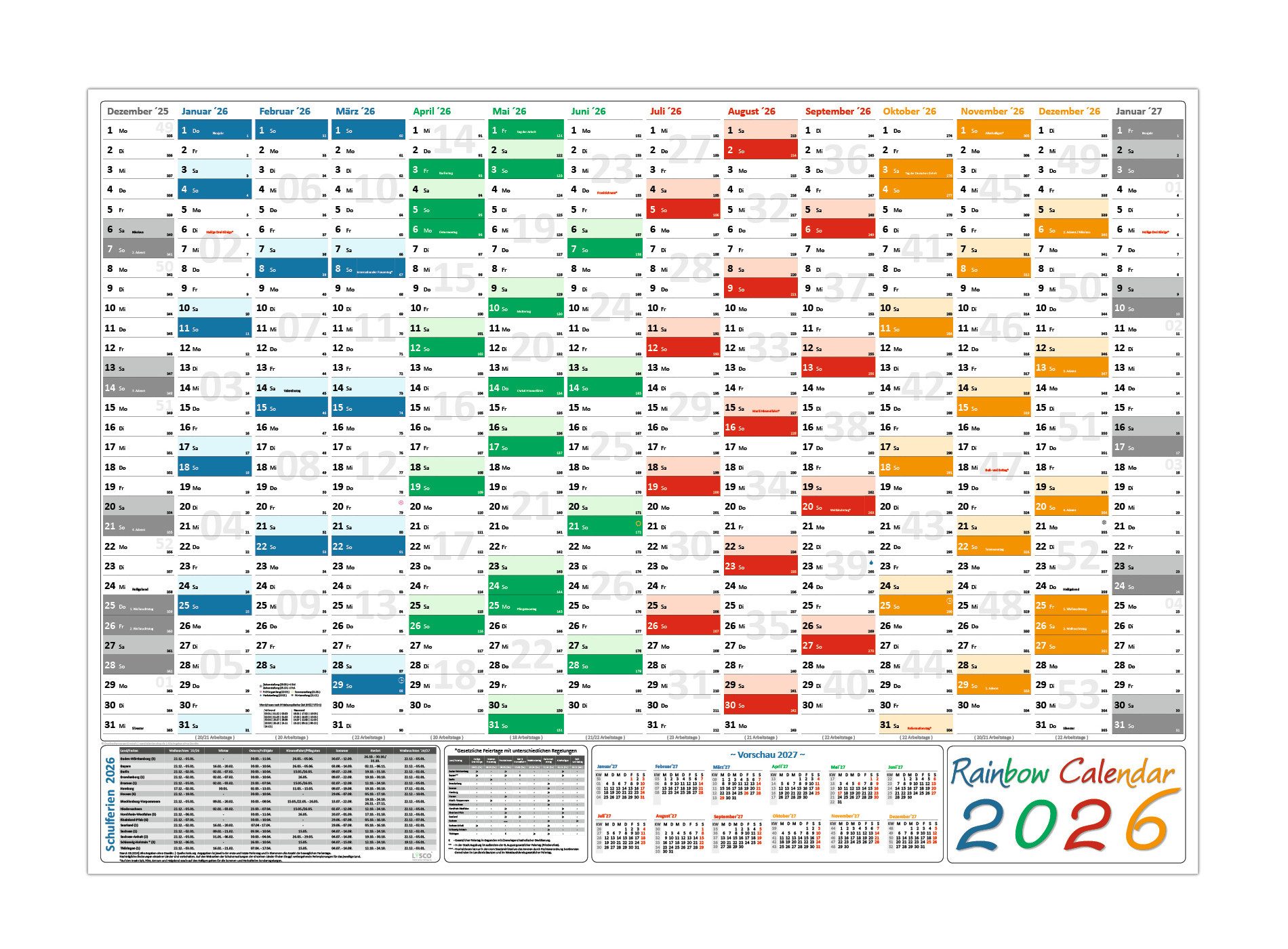 LYSCO Wandkalender Rainbow Wandplaner DIN A1 / DIN A2 - 2026, DIN A1 Format (594 x 841 mm) - DIN A2 Format (420 x 594 mm) Darstellung 14 Monate mit Jahresvorschau Folgejahr, und Ferientermine / Feiertage aller Bundesländer