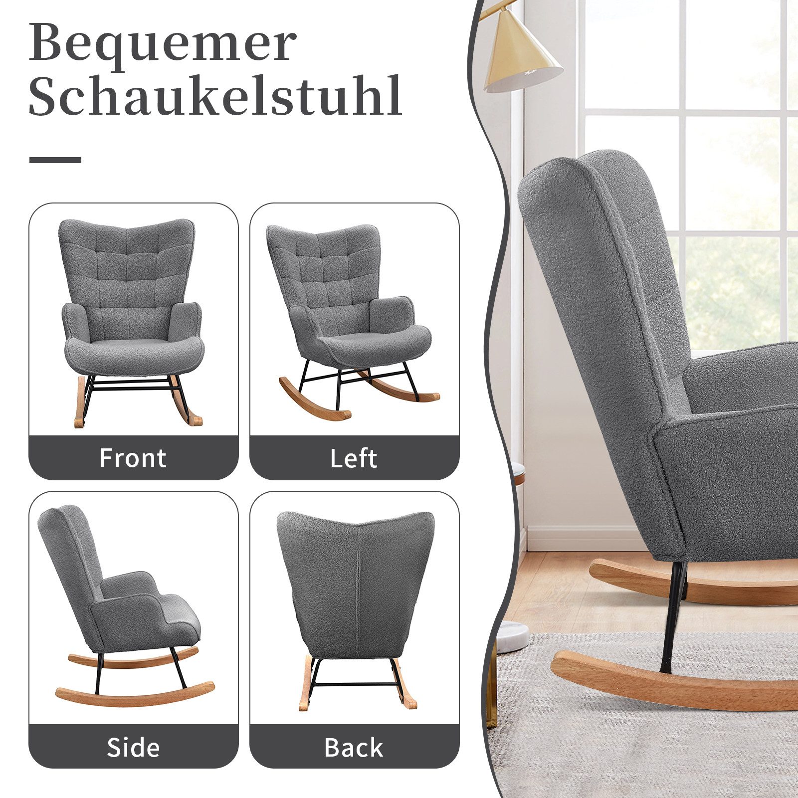 BELUPAI Schaukelstuhl Polster Schaukelsessel, mit Massivholzfüßen und Metallgestell (Set, 1 St), für Schlafzimmer,Teddystoff,Dunkelgrau – Bild 3 von 5