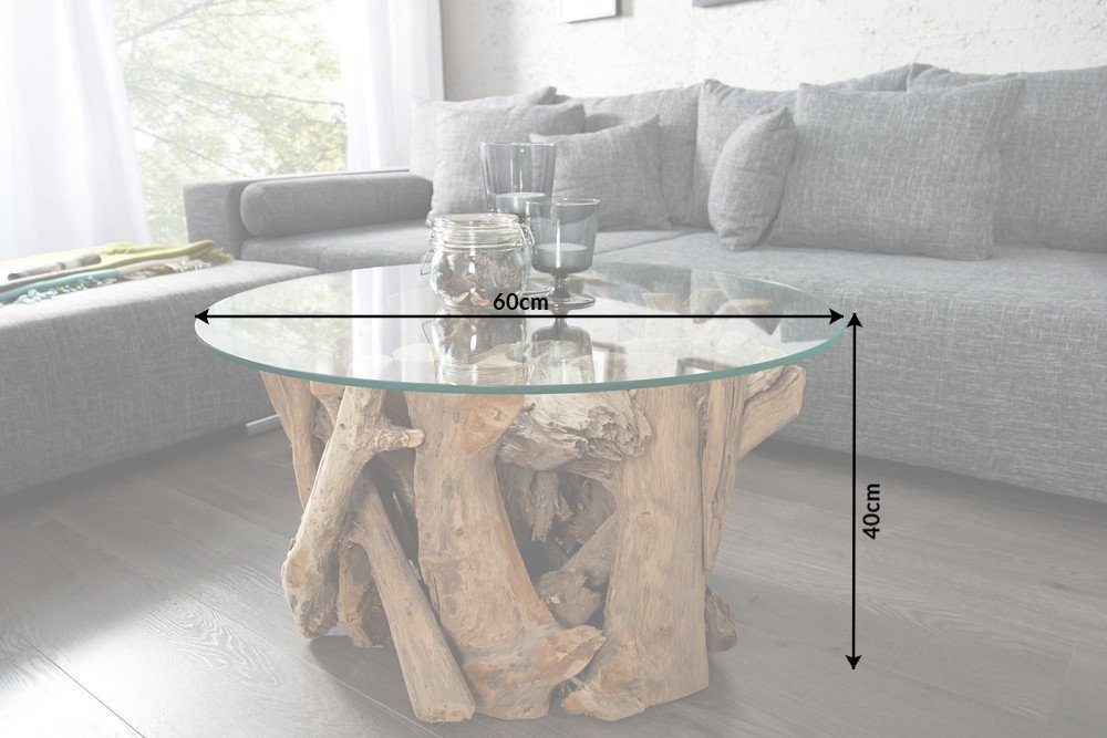Handarbeit riess-ambiente Wohnzimmer · · 60cm transparent, LOUNGE natur · · Glasplatte Massivholz rund Couchtisch NATURE /