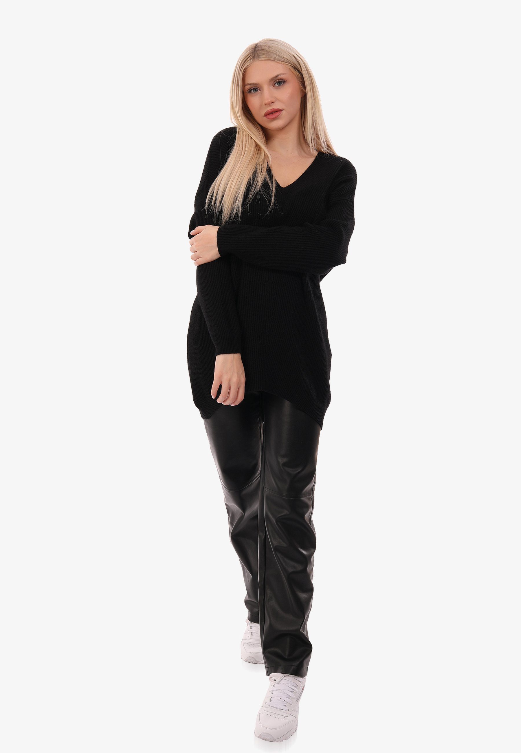 Unifarbe Strickpullover Style schwarz Pullover One Fashion Size mit in YC V-Ausschnitt (1-tlg) &