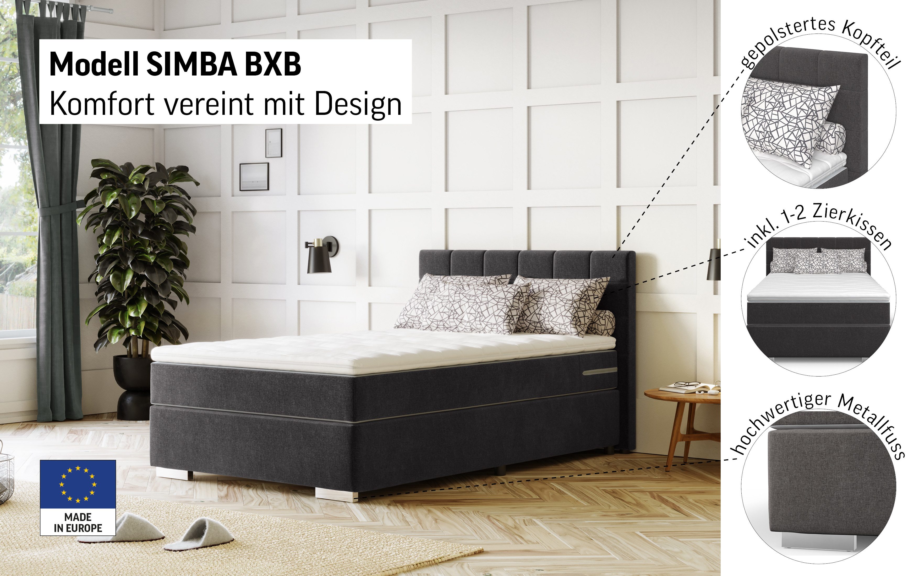 COTTA Boxspringbett SIMBA inkl. 5-Zonen-TFK-Matratze H3/H4, mit Kaltschaumtopper, Strukturstoff, 120/140/160/180/200 cm x 200 cm – Bild 4 von 5