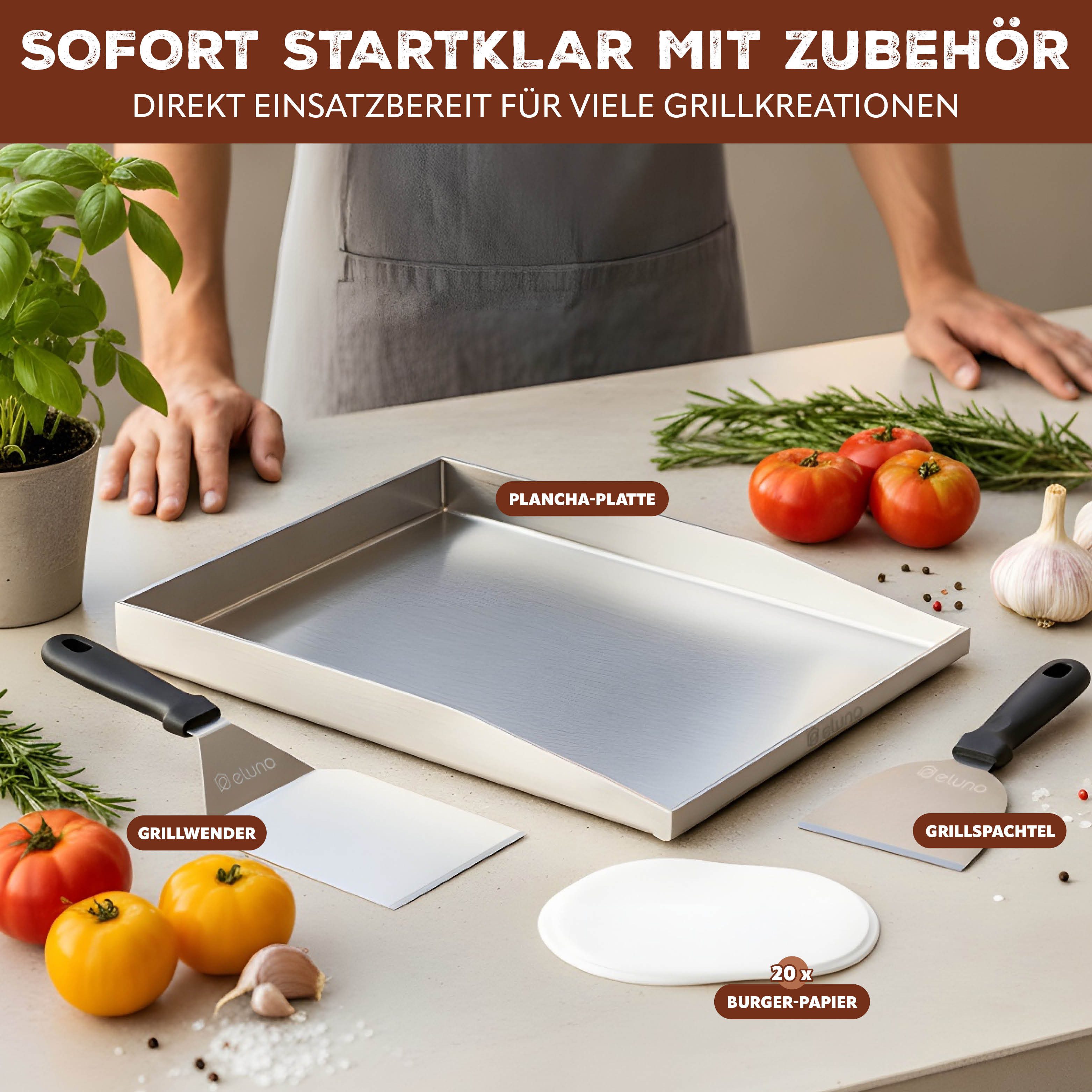 eluno Grillplatte Plancha-Set aus Edelstahl (4-St., 1x Plancha-Platte, 1x Grillwender, 1x Grillspachtel, 20x Burger-Papier), zwei Ablauflöcher in der Plancha-Platte