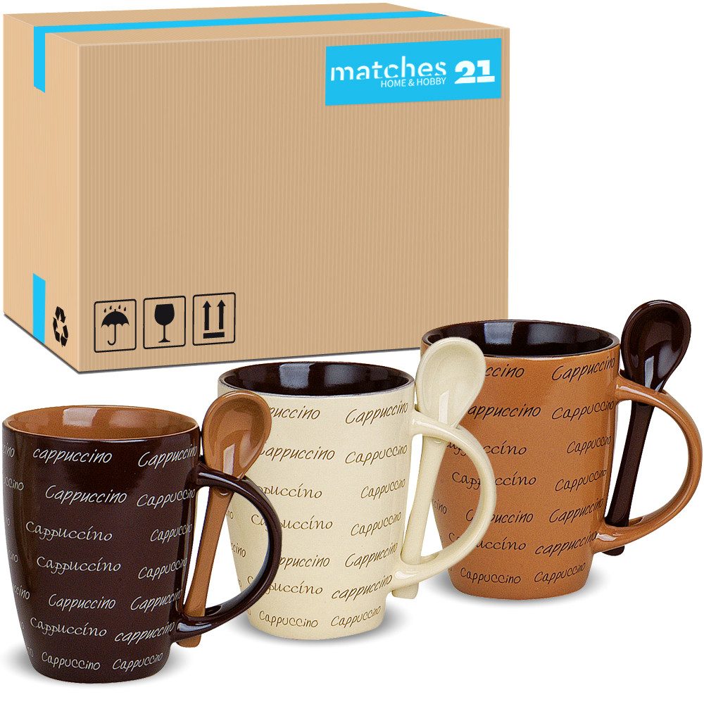 matches21 HOME & HOBBY Tasse Kaffeetassen Löffel 36er Set mit Spruch Cappuccino, 36-tlg., Keramik, Tee Kaffee-Becher modern cremefarben braun 250 ml