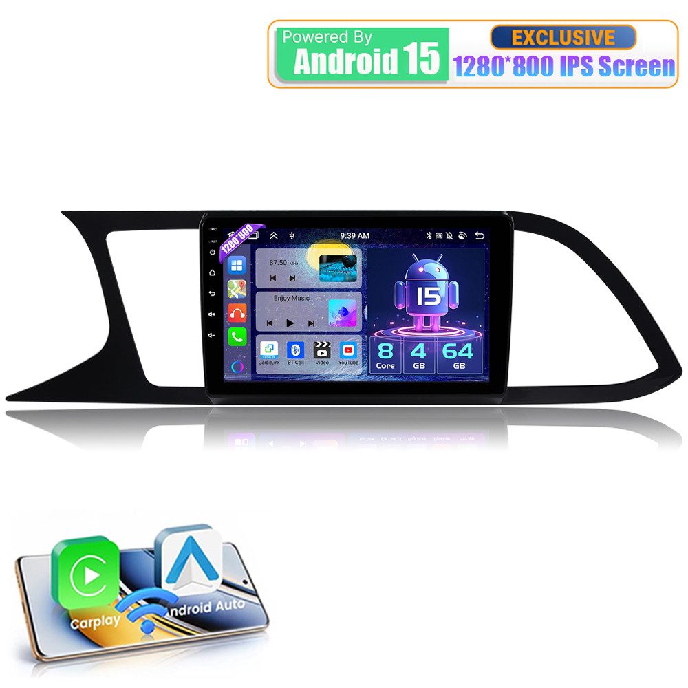 A-Sure 9" 4+64GB Android 15 GPS Navi Carplay Für Seat Leon 3 III 5F 2012-2020 Autoradio (Digitalradio (DAB), FM, AM, RDS, 1280*800 IPS Screen/8-Core CPU)