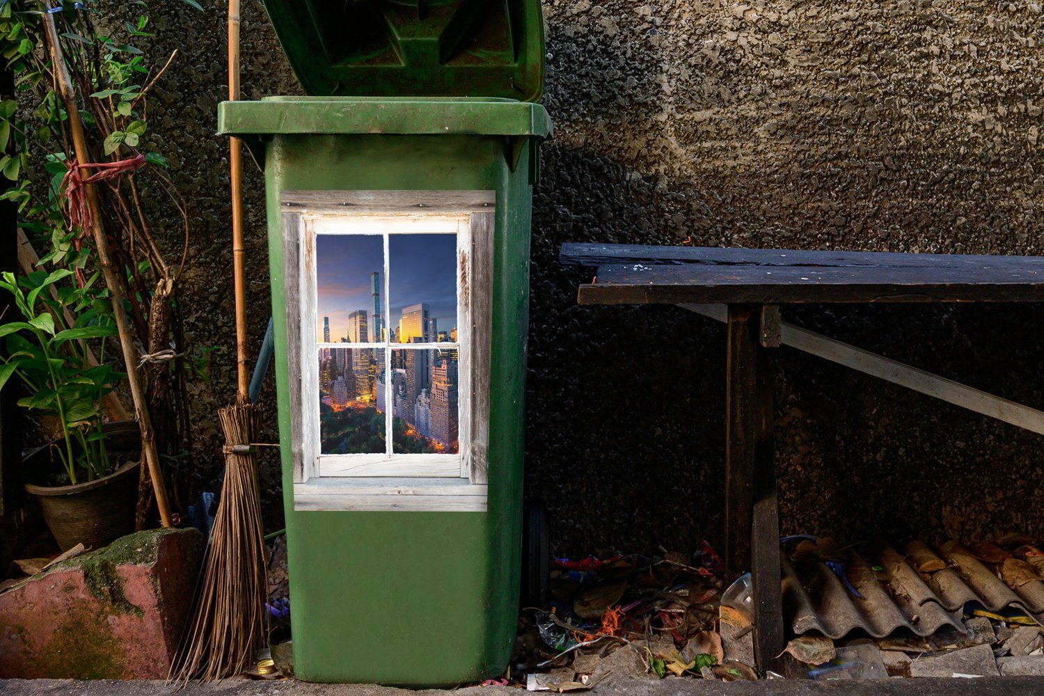 MuchoWow Wandsticker Durchsichtig - Sticker, (1 Container, Mülleimer-aufkleber, New Abfalbehälter Holz St), Mülltonne, York 