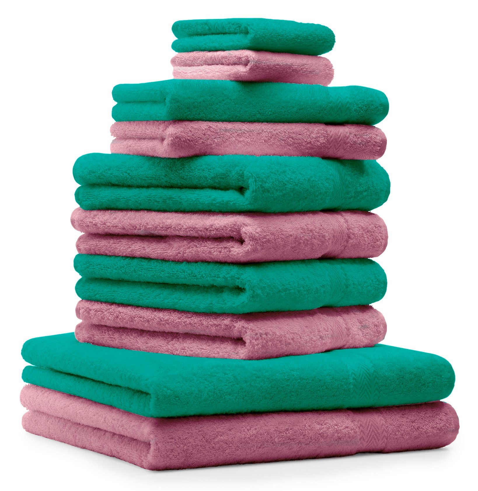 Betz Handtuch Set 10-TLG. Handtuch-Set Premium 100% Baumwolle 2 Duschtücher 4 Handtücher 2 Gästetücher 2 Waschhandschuhe Farbe Smaragd Grün & Altrosa, 100% Baumwolle