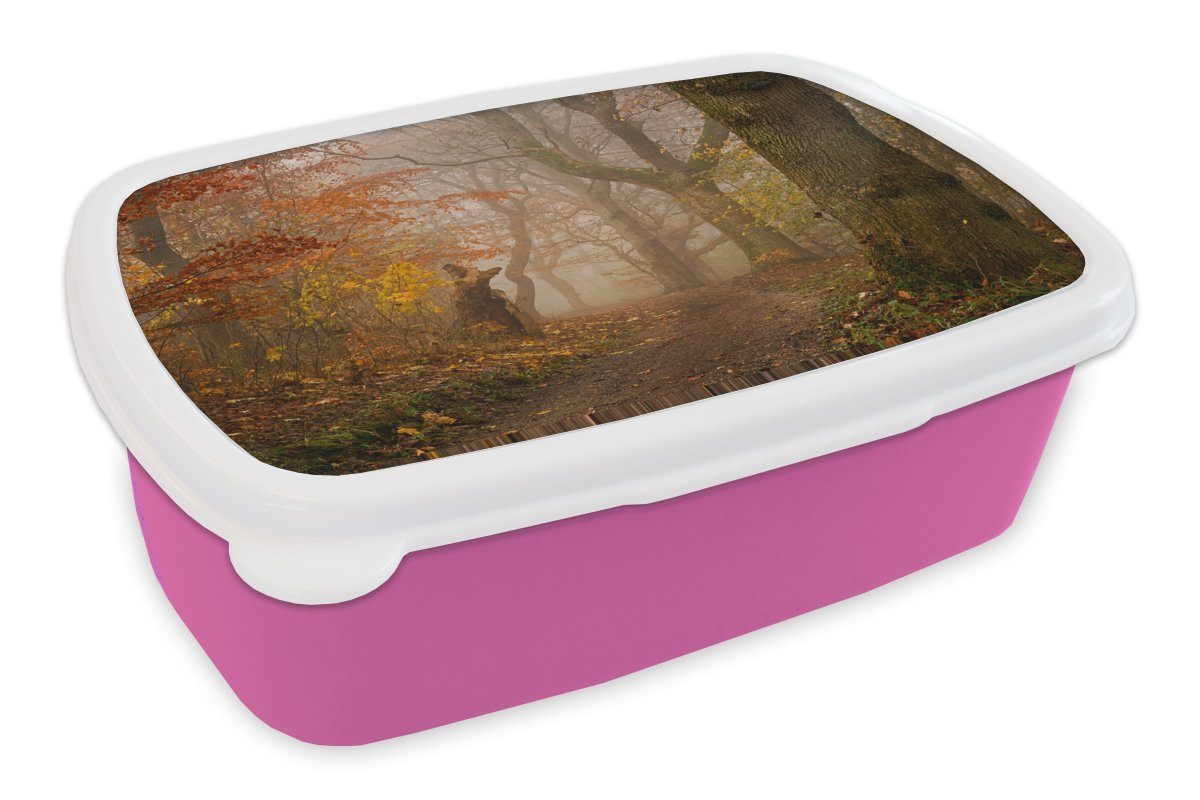 MuchoWow Lunchbox Herbst - Wald - Laub - Waldweg - Bäume, Kunststoff, (2-tlg), Brotbox für Erwachsene, Brotdose Kinder, Snackbox, Mädchen, Kunststoff rosa