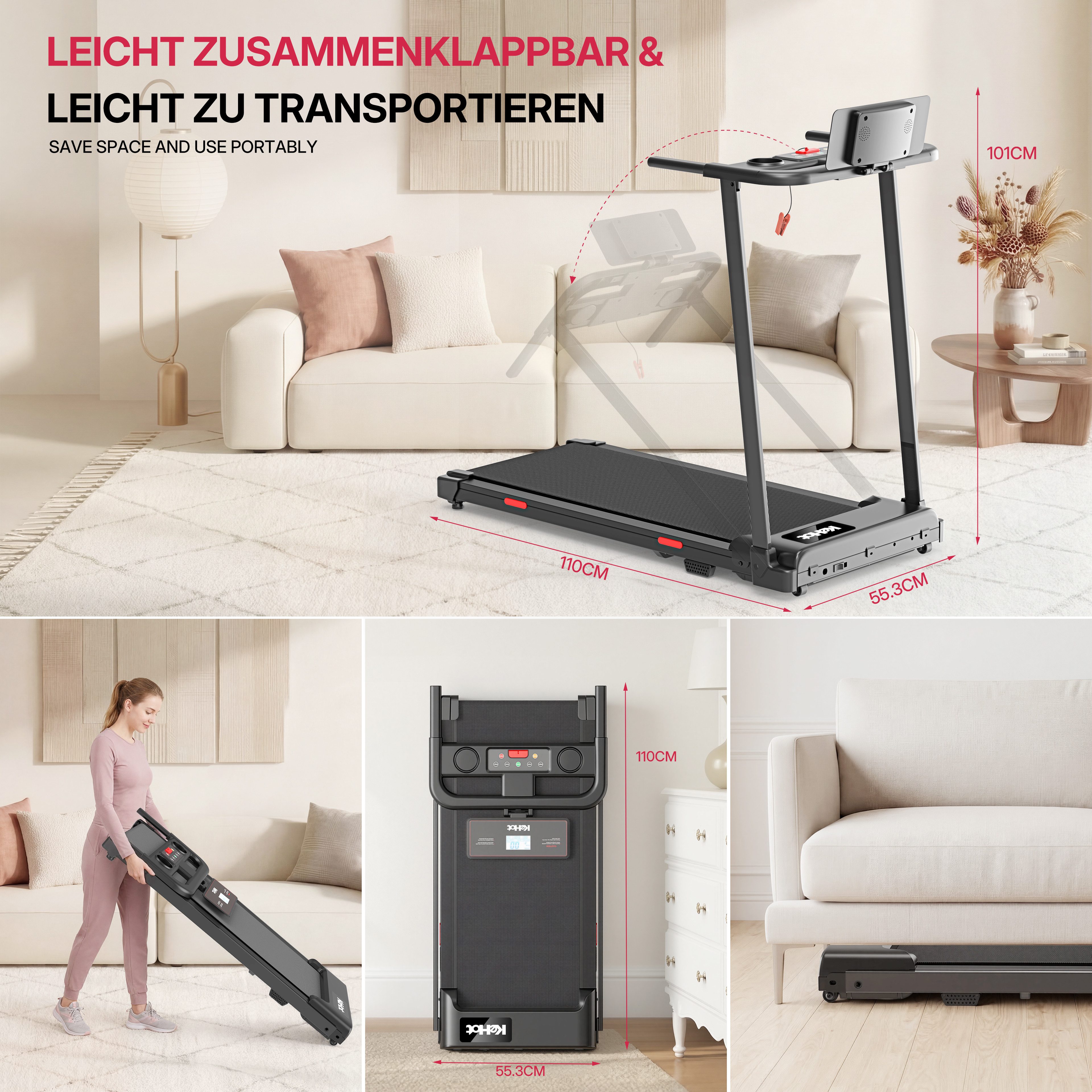 kehot Laufband Klappbares Laufband 1–10 km/h mit Handlauf & LCD-Display (Kompaktes Design 110×54 cm platzsparend faltbar für Zuhause, 12 Trainingsprogramme & 3 Modi für individuelles Training), Leiser Betrieb mit 100 kg Belastbarkeit für tägliches Workout