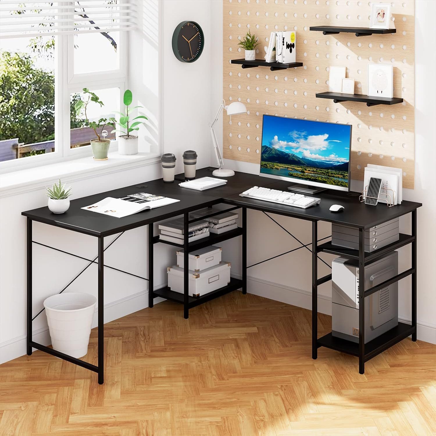 JEOBEST Computertisch L-förmiger Schreibtisch mit Regalen Reversibel Eckschreibtisch 210CM, Gaming-Tisch mit 4 Ablagen, 3 Kabellöchern, Monitorständer