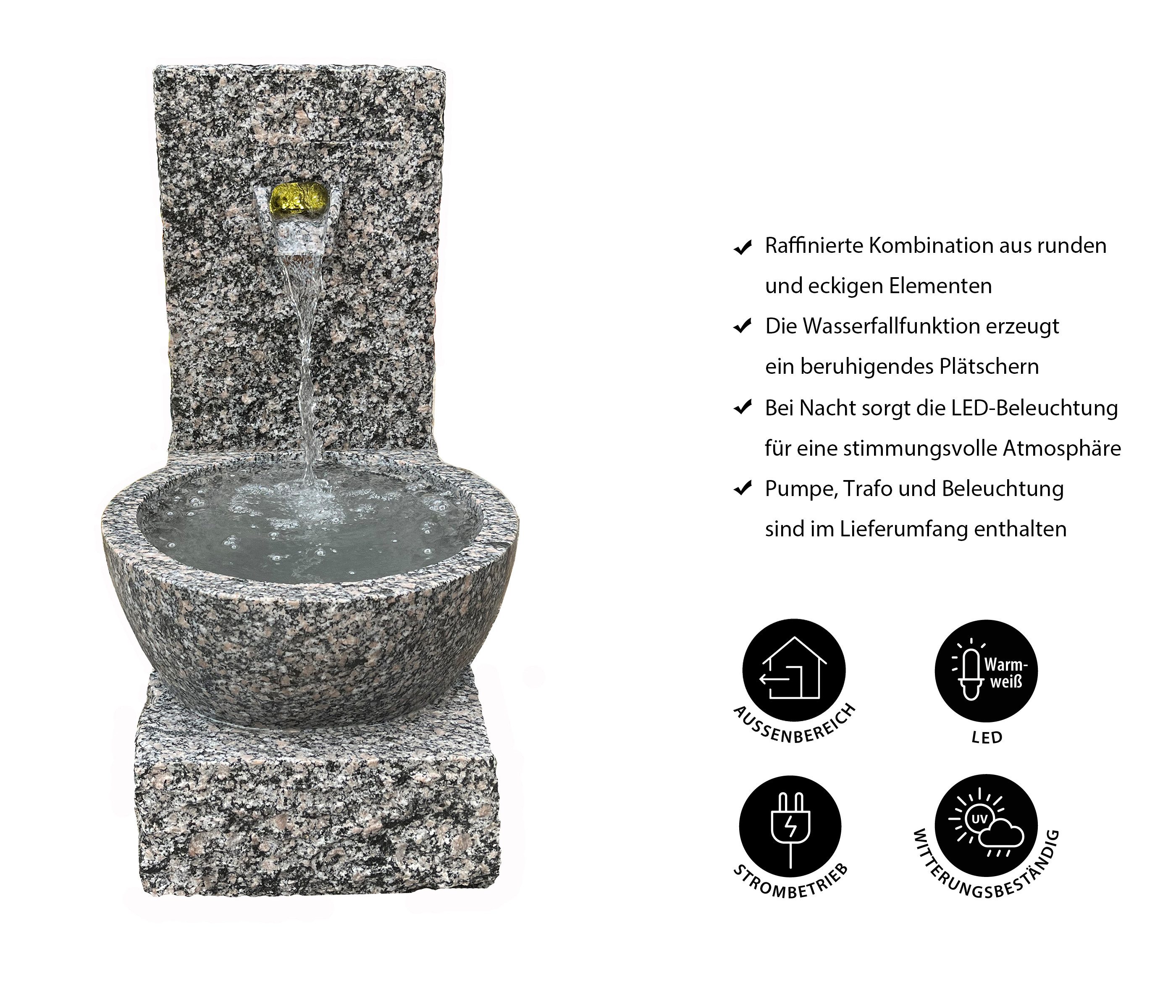Dehner Gartenbrunnen Peel, 70 x 50 x 50 cm, Granit, 50 cm Breite, frostbeständiger Außenbrunnen, Komplett-Set mit Pumpe / Trafo / LED