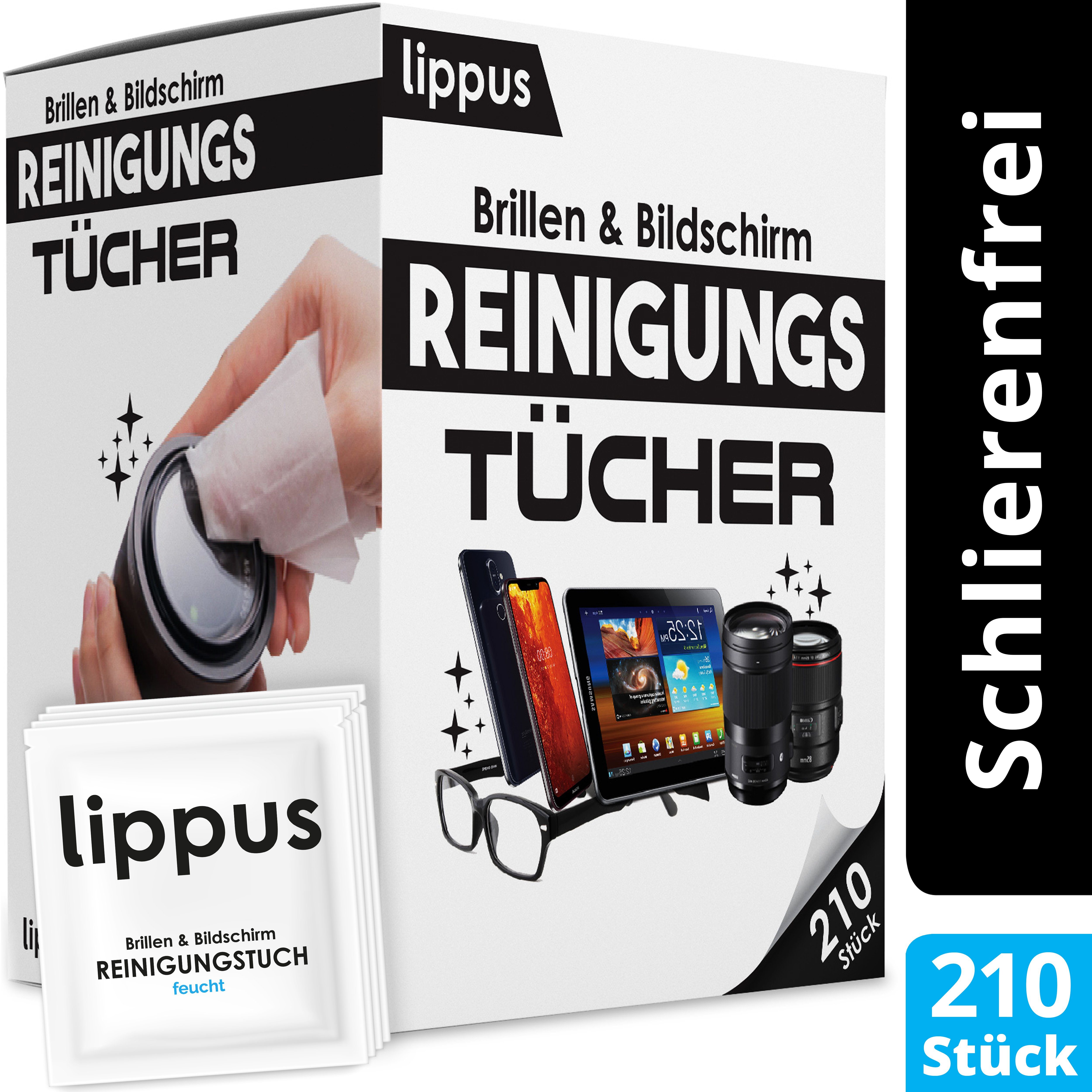 lippus Brille PREMIUM Brillenputztuch [210 STÜCK], Schlieren- und Rückstandsfrei – Reinigt & desinfiziert