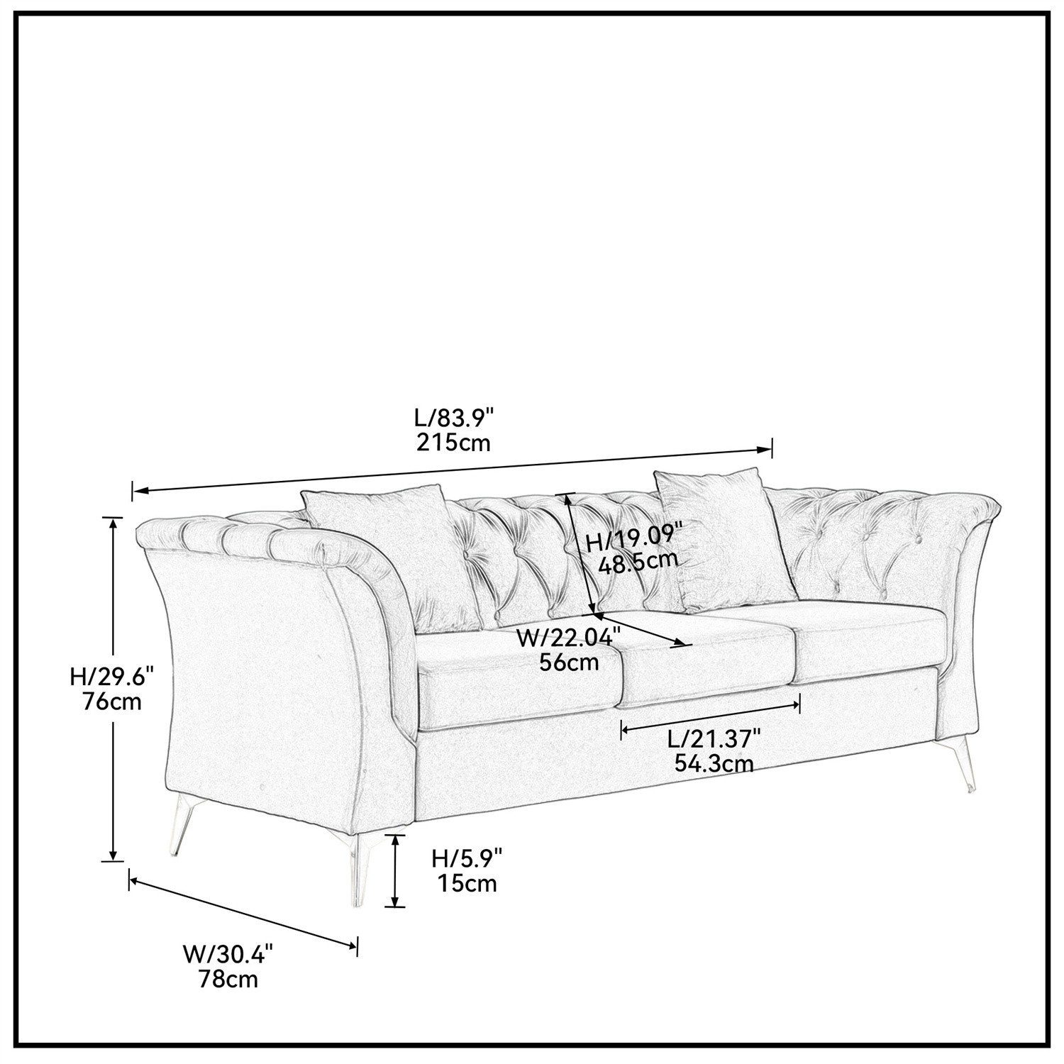 3-Sitzer, mit edler Knopfheftung und gepolsterten Armlehnen, inklusive Federkern, Polstersofa mit 2 Zierkissen, Metallbein, Chesterfield-Optik