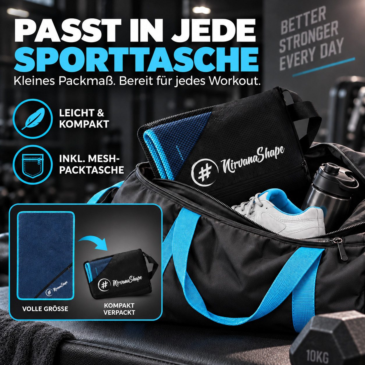NirvanaShape Sporthandtuch NirvanaShape Mikrofaser Fitnesshandtuch mit Ecktasche und Knöpfen, saugfähig, leicht, schnelltrocknend, für Reisen, Fitness, Yoga, Sa – Bild 5 von 5