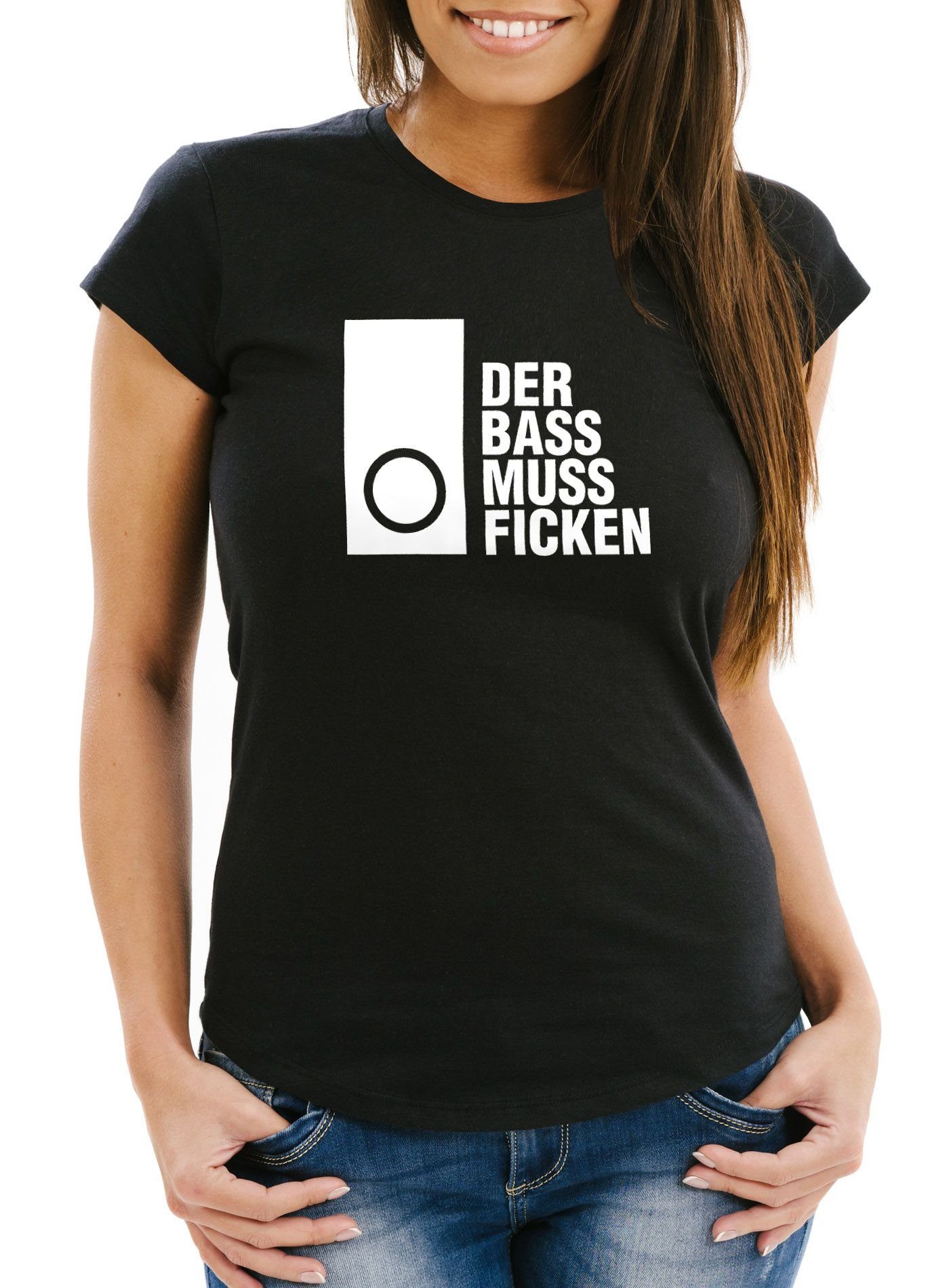 MoonWorks Print-Shirt Damen T-Shirt Techno Spruch Der Bass muss Ficken Party Festival Rave mit Print