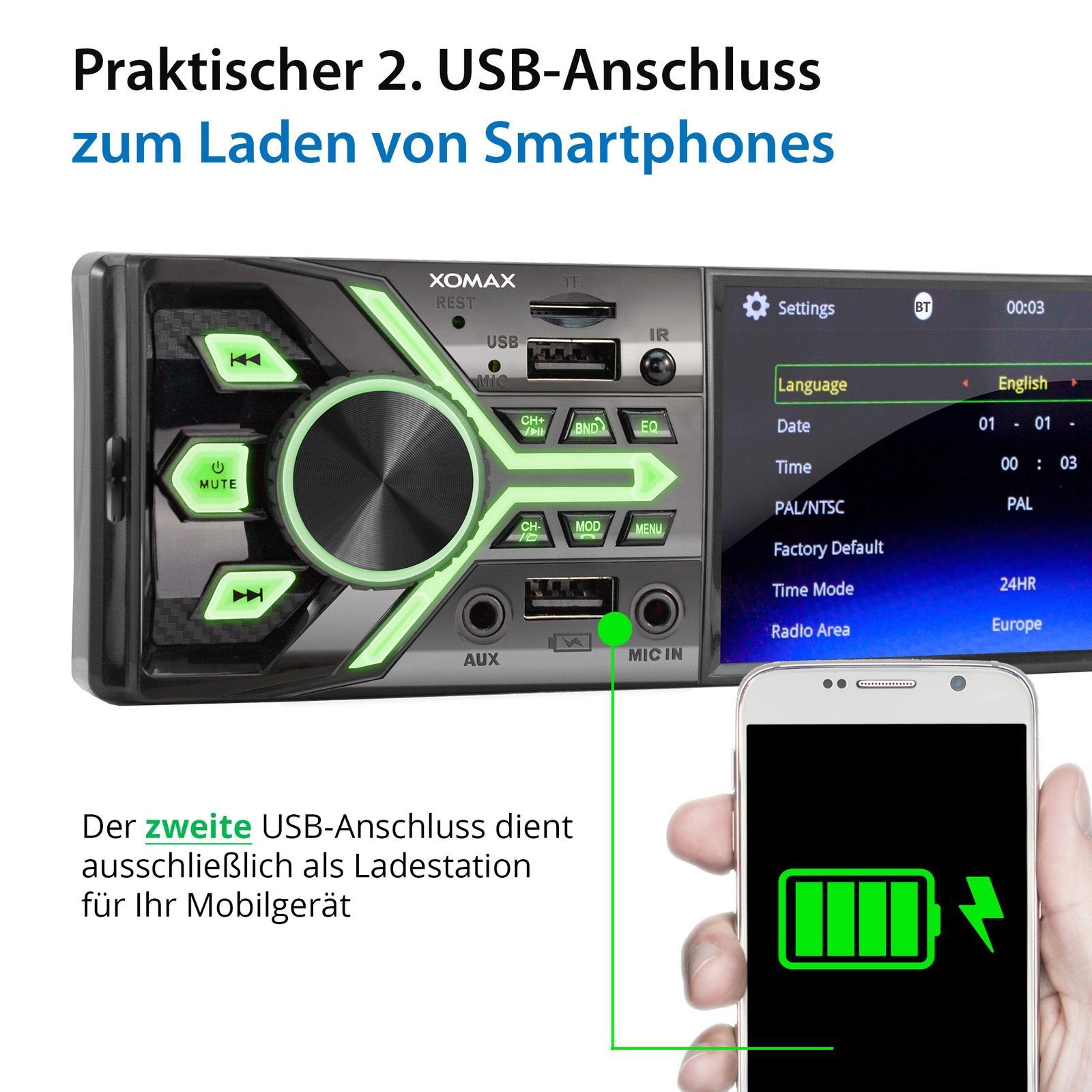 1 Bildschirm, Autoradio mit XM-V424 SD, 2x 4 Bluetooth, USB, XOMAX DIN Autoradio Zoll