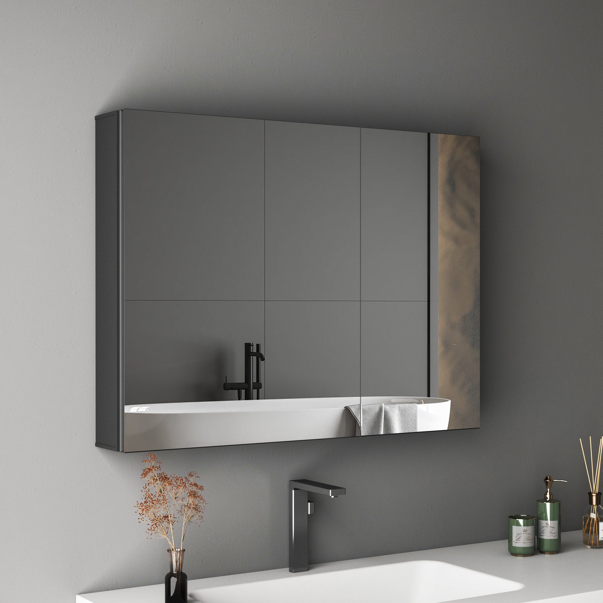 Hopibath Spiegelschrank Badezimmer 80 cm Breit Schwarz Badezimmerspiegelschrank 2 türig (Wandschrank Badschrank Eckig, Doppelseitiger Spiegel, Glasböden, Softclose-Scharnieren) 80x13,5x60cm