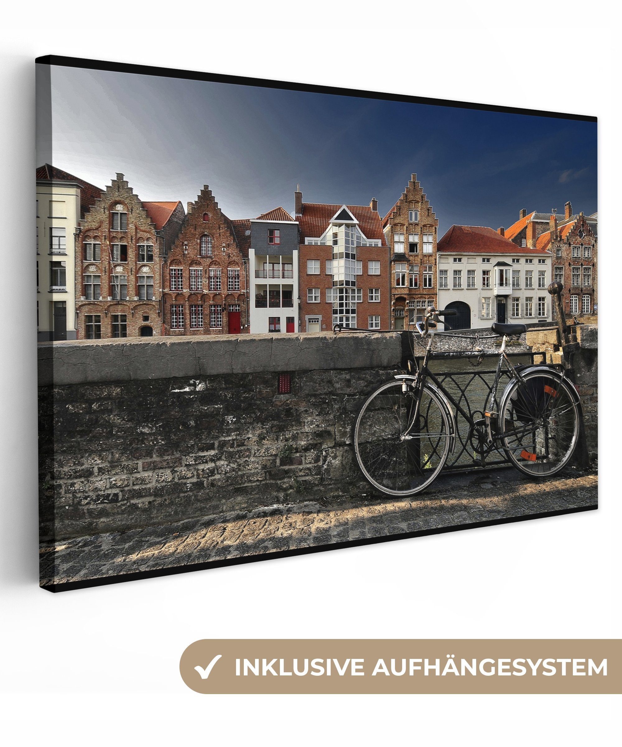 OneMillionCanvasses® Leinwandbild Brügge - Fahrrad - Mauer, (1 St), Wandbild Leinwandbilder, Aufhängefertig, Wanddeko, 30x20 cm