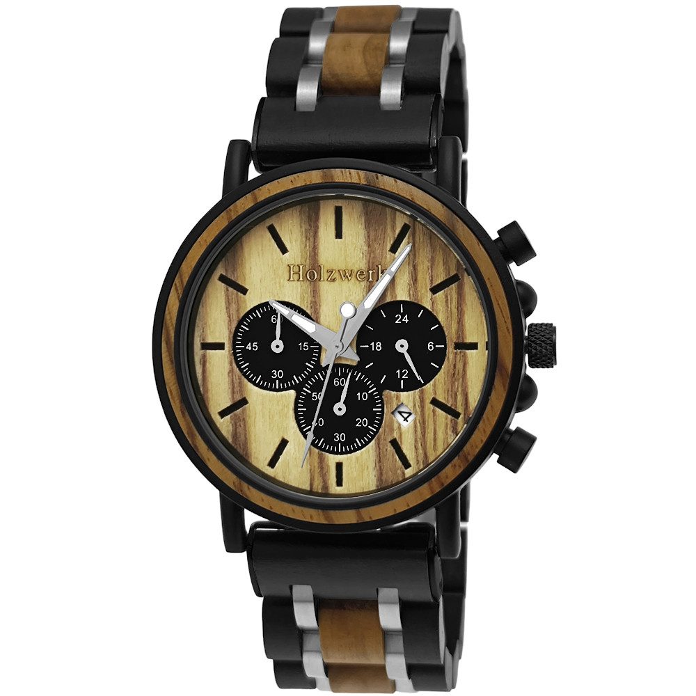 Holzwerk Chronograph BOCHOLT Herren Holz Armband Uhr mit Datum, schwarz, beige, silber