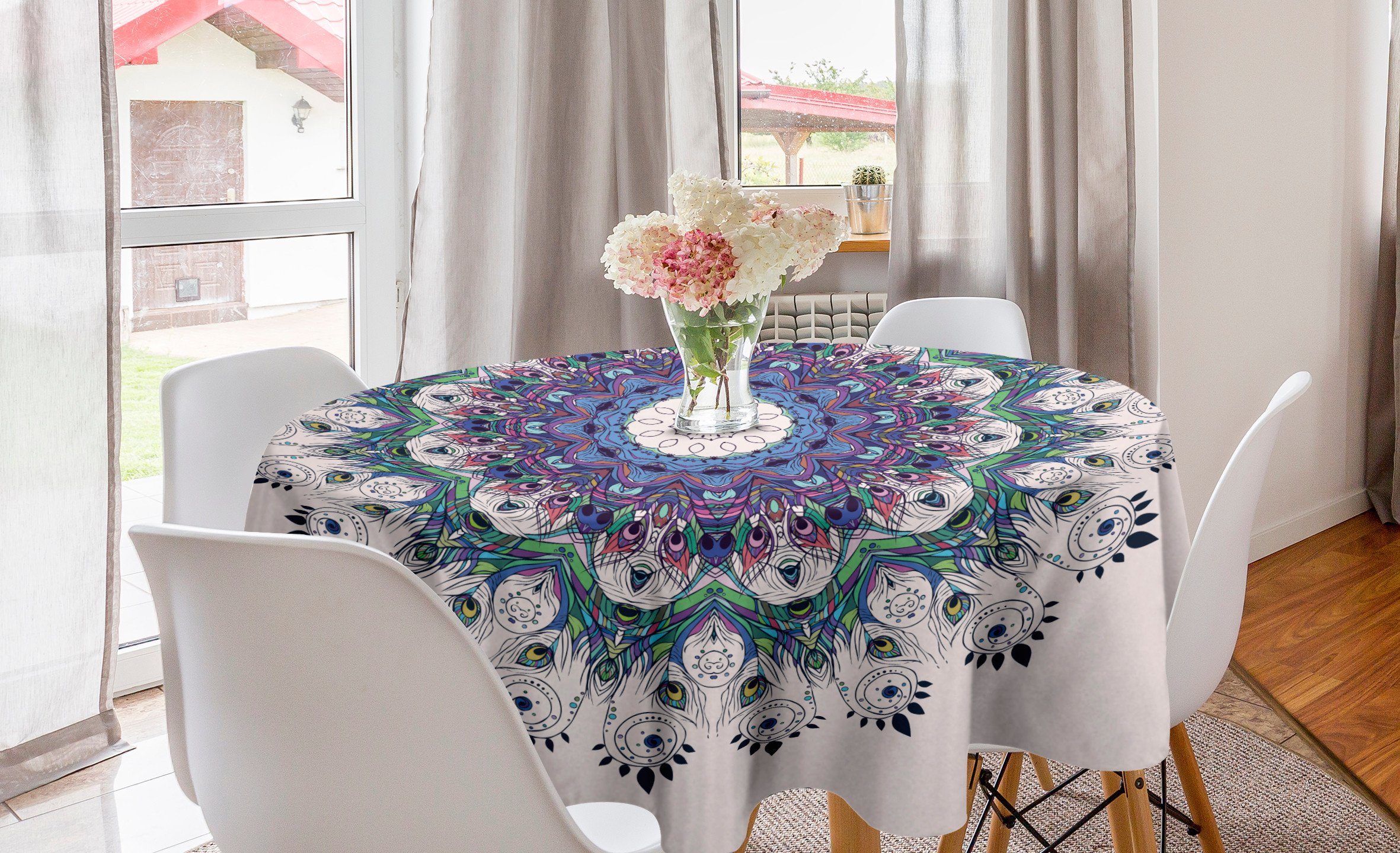 Abakuhaus Tischdecke Kreis Tischdecke Abdeckung für Esszimmer Küche Dekoration, Mandala Bunte Kunst Peacock