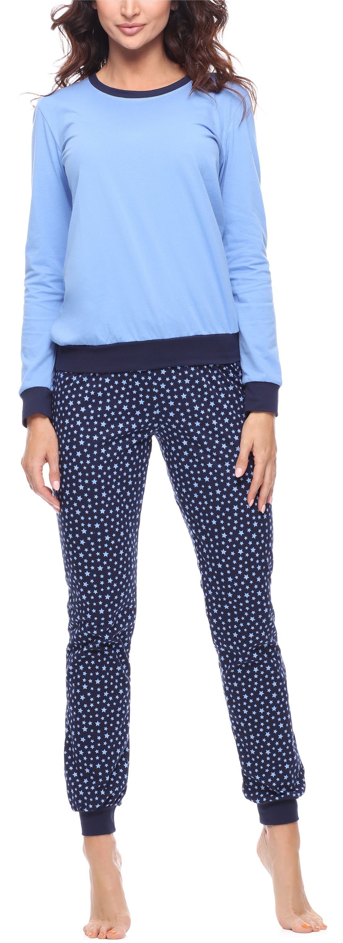 Merry Style Schlafanzug Damen Schlafanzug Zweiteiler Pyjama lang bunt mit Muster MS10-268 Blau/Sterne Marineblau