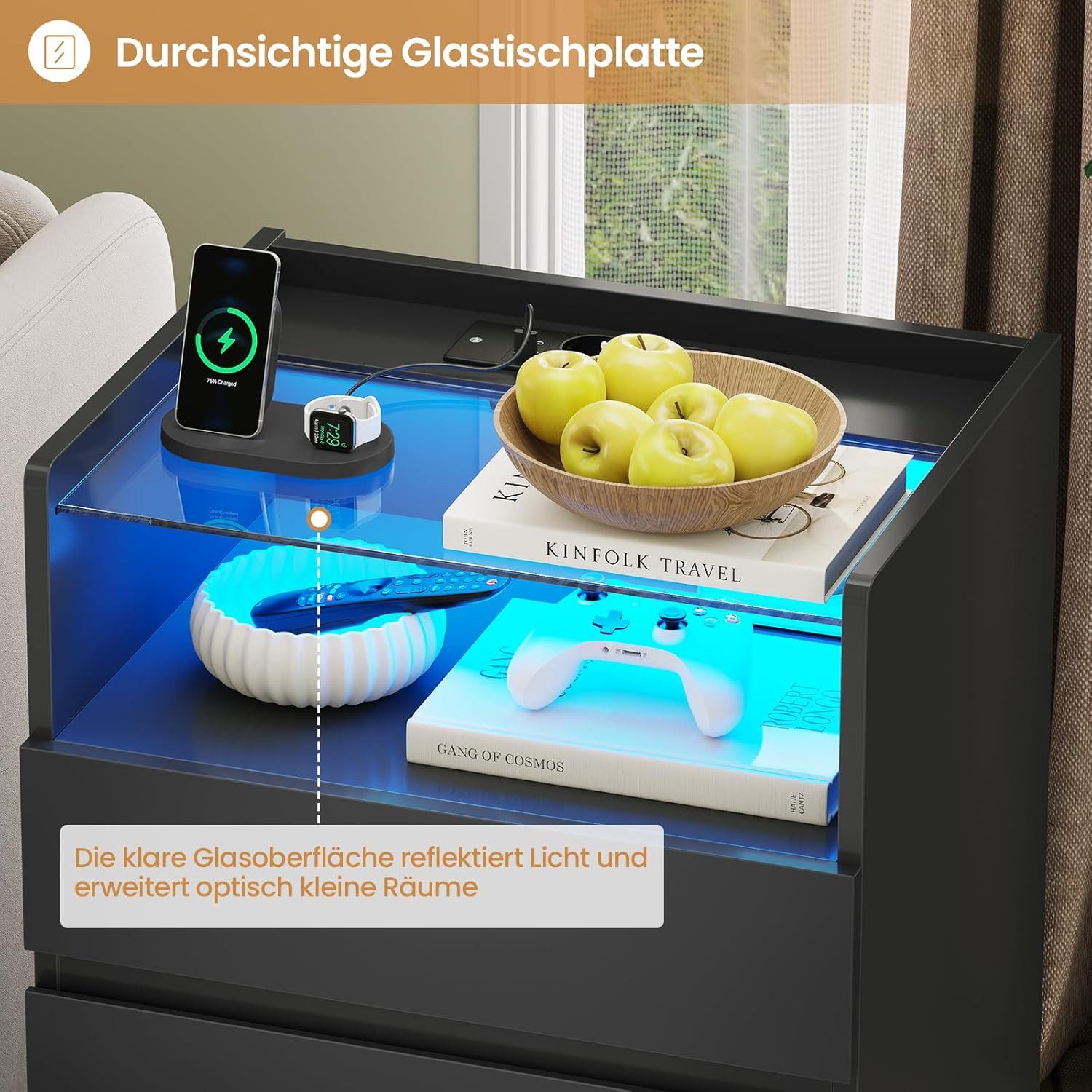 MSMASK Nachttisch mit LED-Beleuchtung und Steckdosen, 3 Schubladen, 45x35x61cm (2-St), Nachtschrank mit Sichtbarer Glastischplatte – Bild 5 von 5