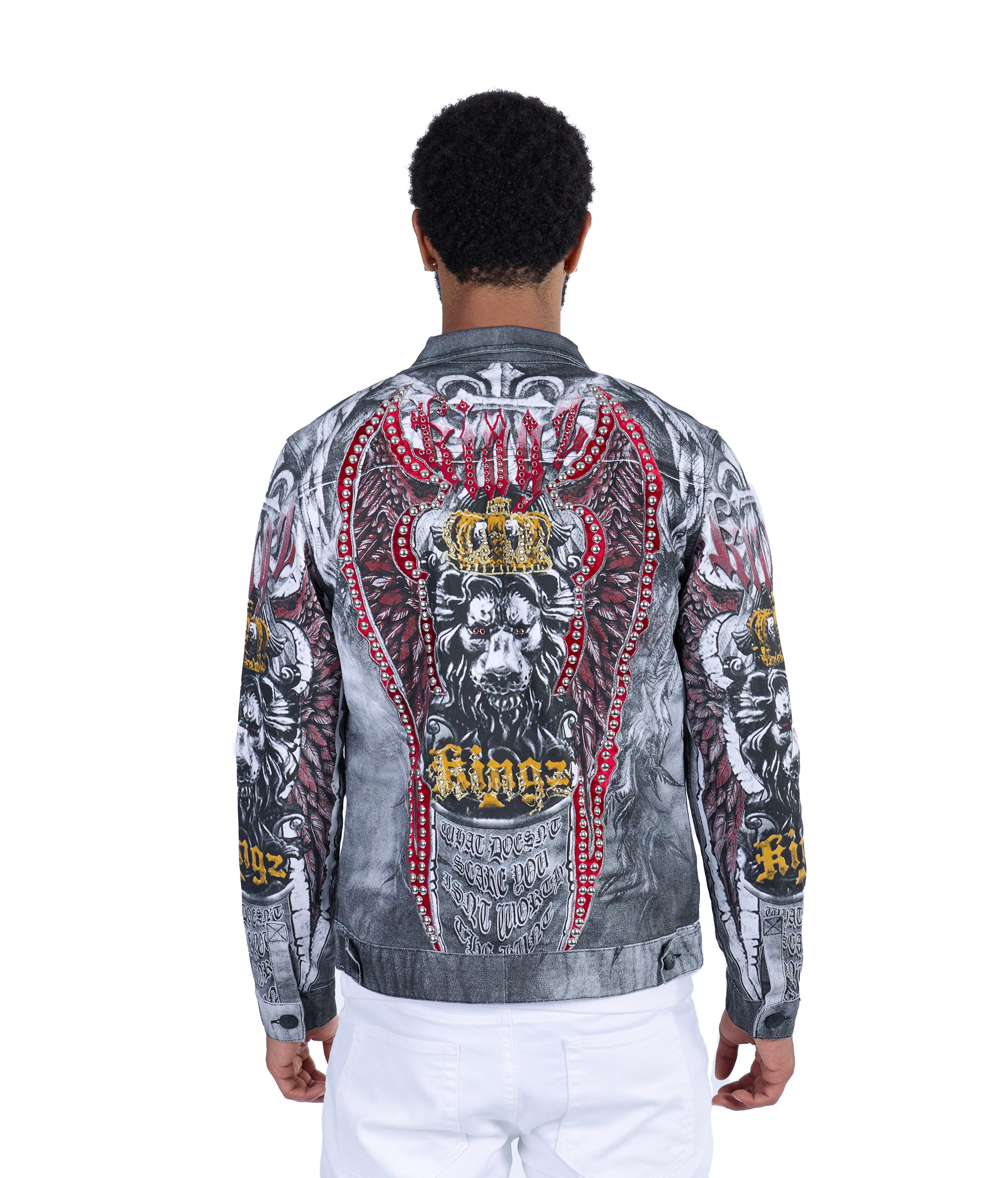 KINGZ Jeansjacke Designer Nieten Jeansjacke mit All-Over Print Weiß M