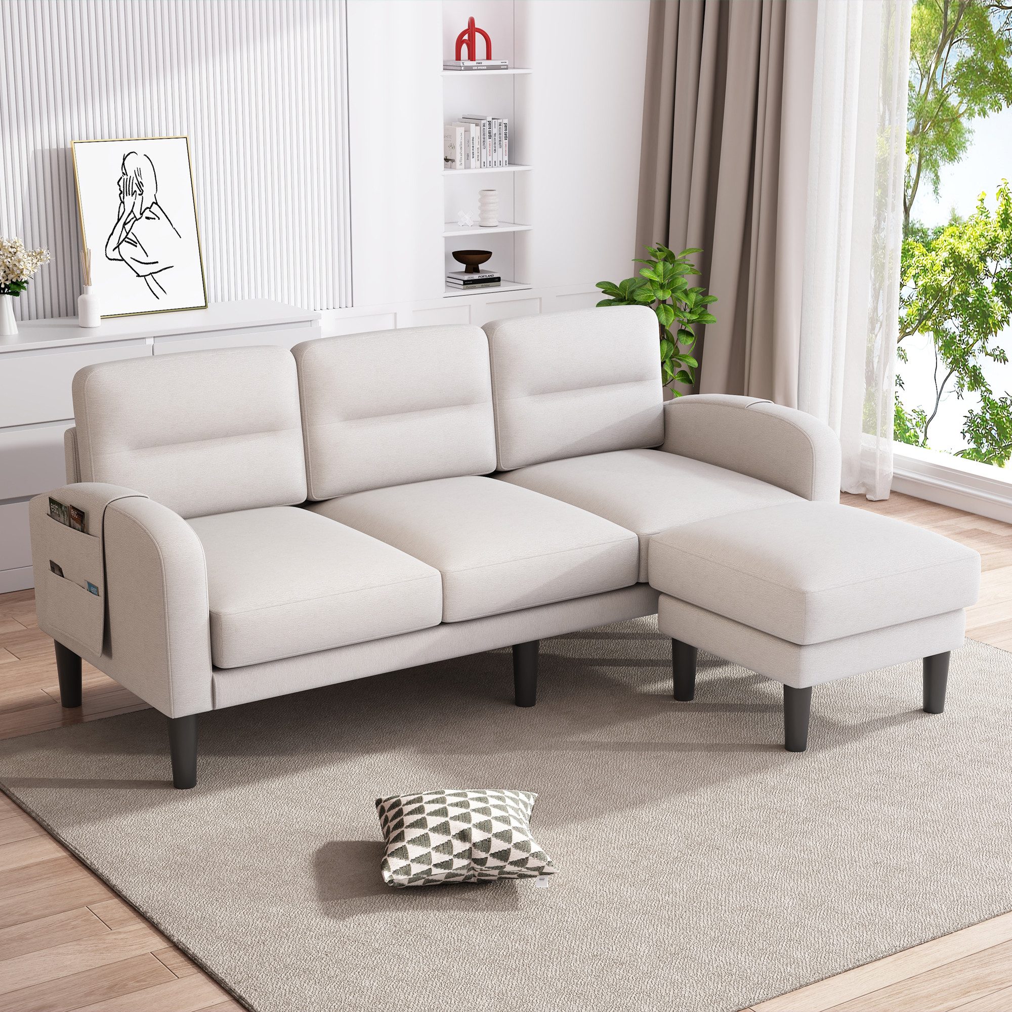 Merax Ecksofa 3-Sitzer Sofa L-Form Couch mit Chaiselongue, 204 × 136 × 80 cm 1 Teile, Modulares Sofa mit Aufbewahrungstasche, Hocker & Armlehnen