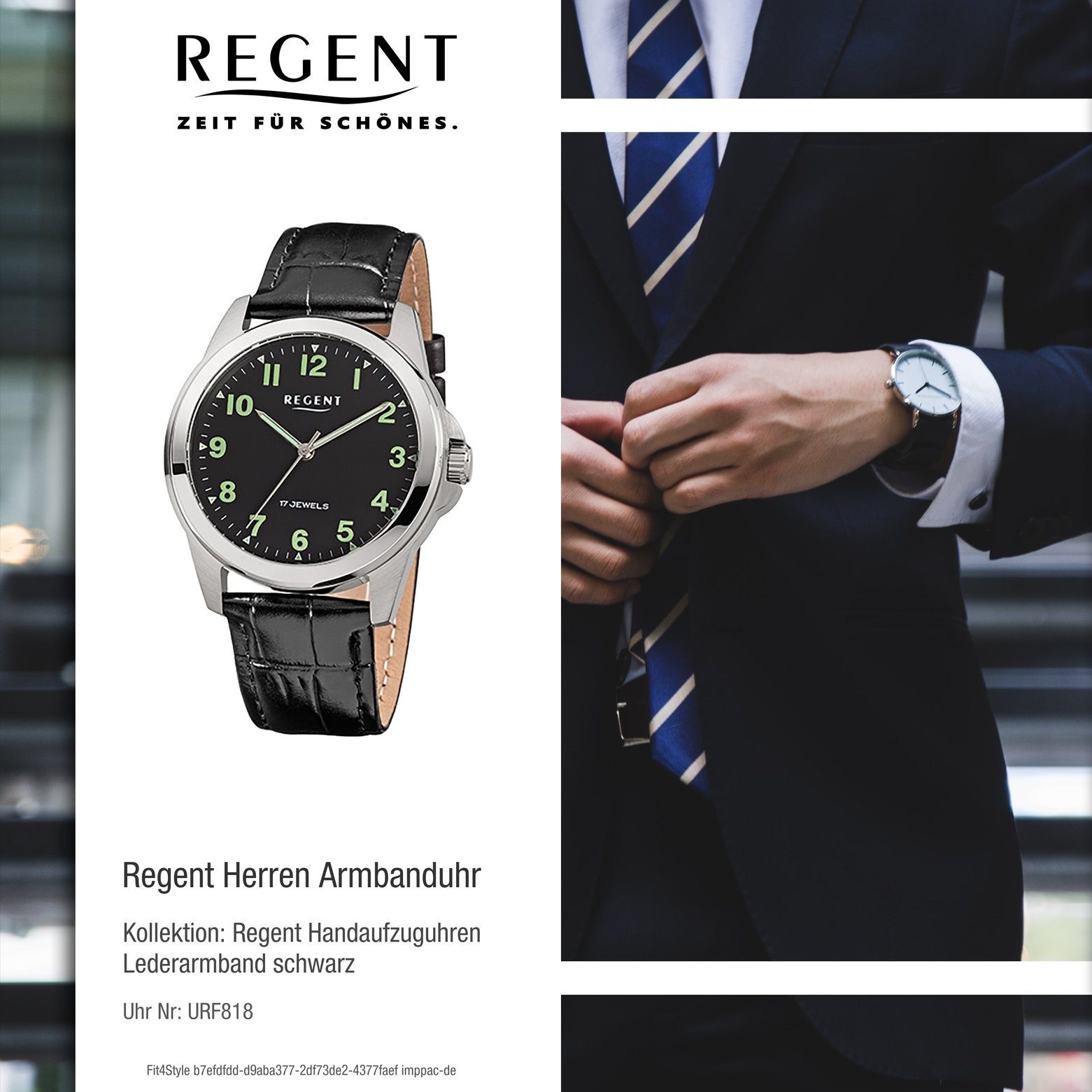 rund, (ca. Herren-Armbanduhr Analog, Quarzuhr schwarz Regent Herren 39mm), Lederarmband Regent Armbanduhr mittel