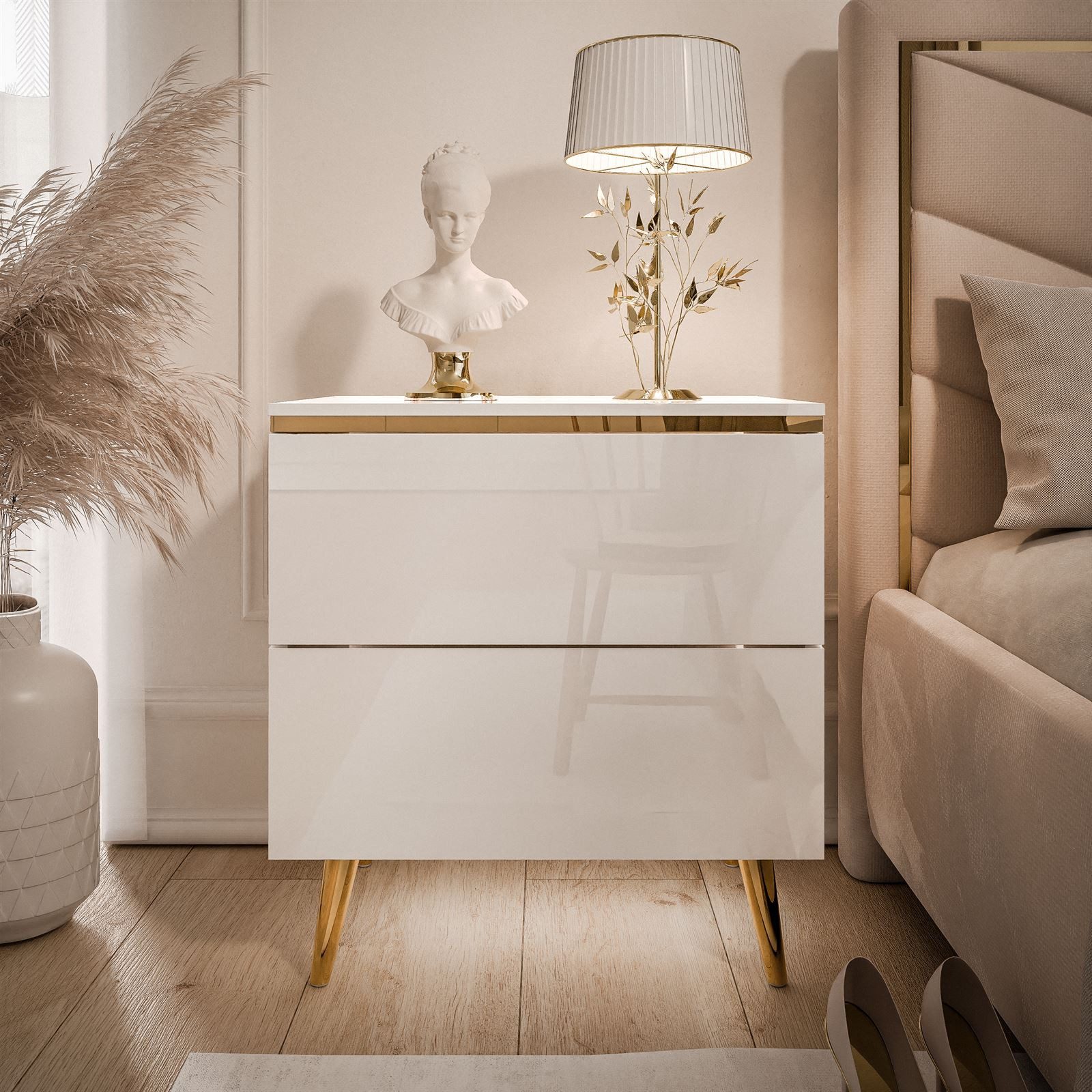 Lookway Nachttisch AURORA II im Weiß Hochglanz mit Beinen und LED-Beleuchtu günstig online kaufen