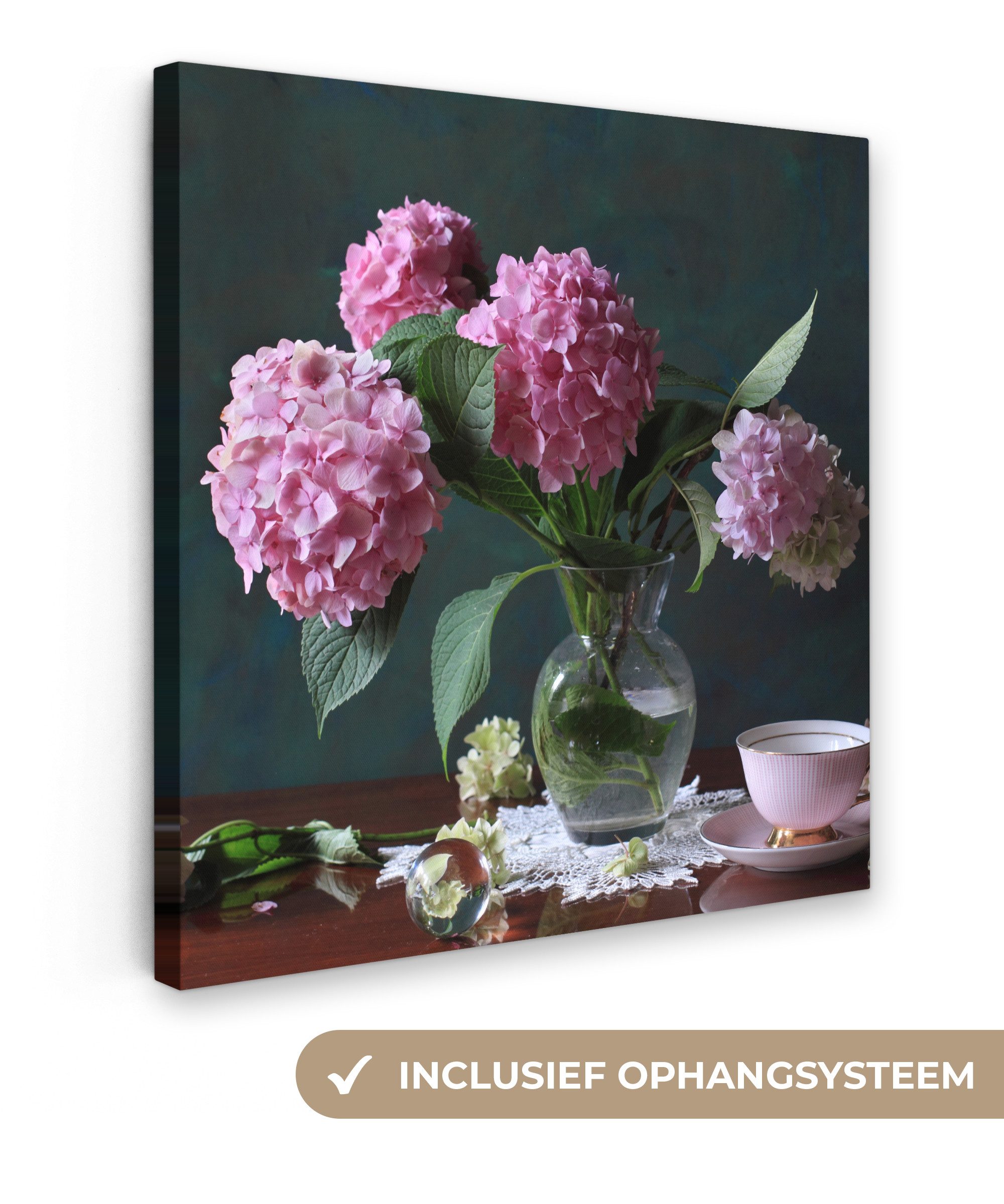 OneMillionCanvasses® Leinwandbild Vase mit Hortensien, Fotodruck (1 St), Wandbild, Deko Schlafzimmer Wohnzimmer Flur 20x20 cm