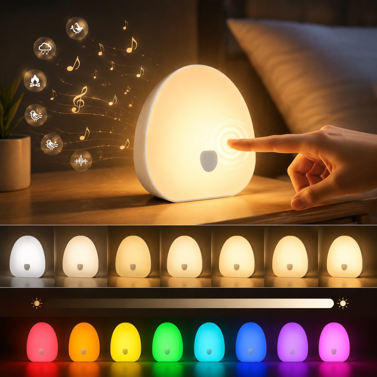 Vornix LED Nachtlicht LED Schlaflicht Touch Lampe mit RGB Farben, Dimmbar & Schlafgeräusche, Timer 15/30 Min, USB-C Aufladbar, Schlafhilfe für Baby, Erwachsene, Senioren