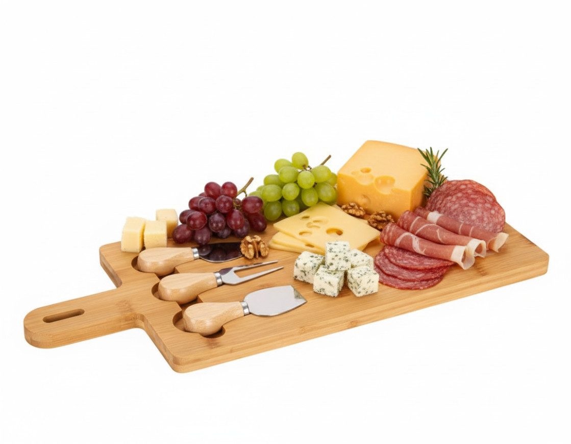 Cheffinger Servierbrett 4-teiliges Servierset - Bambus-Schneidebrett mit 3 Käsemessern, Bambus, (4-St)