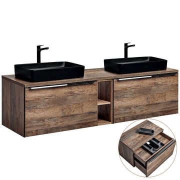 Lomadox Waschtisch-Set PUEBLA-56, (Spar-Set, 8-St., 8-tlg), Oak Eiche 180cm Doppelwaschtisch 2 Keramik-Waschbecken 2 LED-Spiegel