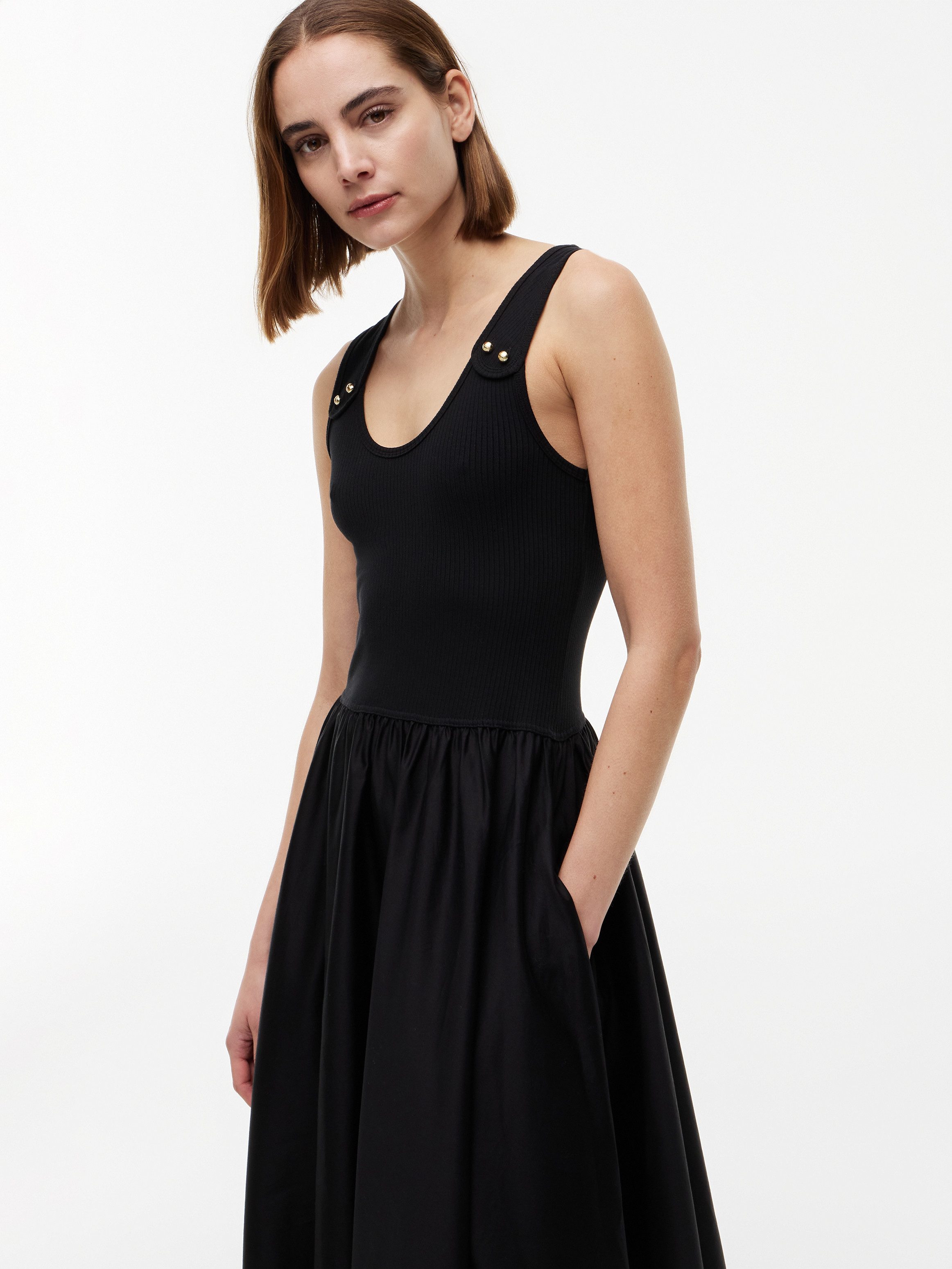 Tommy Hilfiger A-Linien-Kleid 5X2 RIB MIX MEDIA DRESS Baumwollmischung, figurbetont, Oberteil in gerippter Struktur