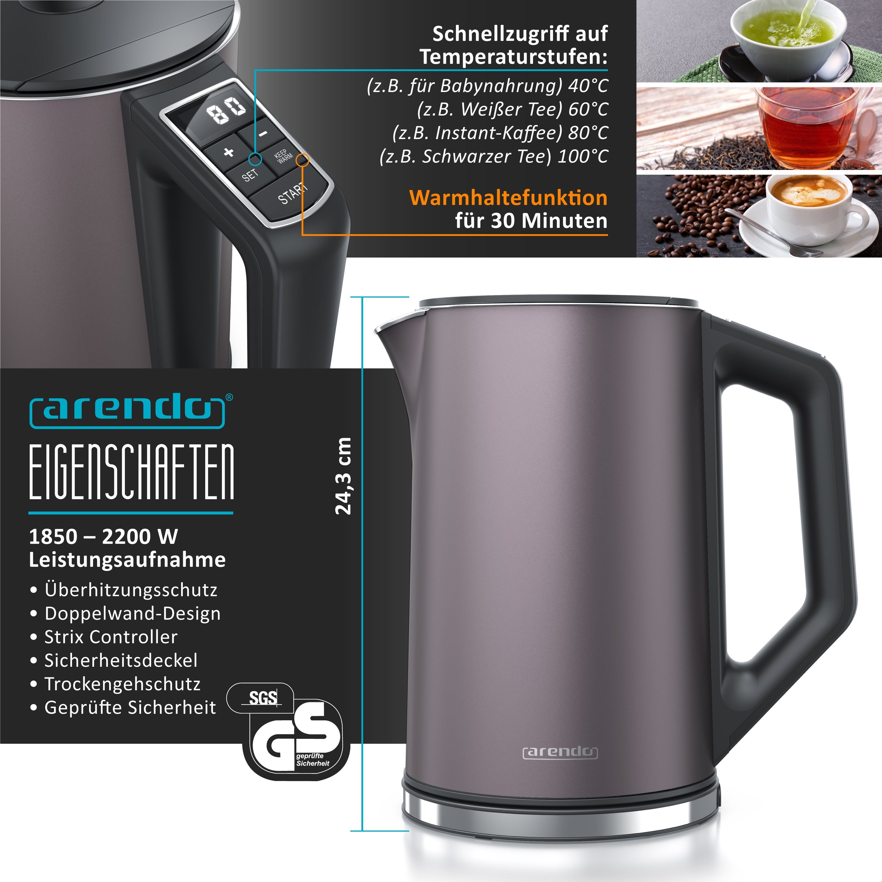 Arendo Frühstücks-Set Wasserkocher 1,5l & 2-Scheiben Langschlitz Toaster, Edelstahl, Grau (2-tlg), Wasserkocher mit Temperaturwahl, Toaster mit Brötchenaufsatz