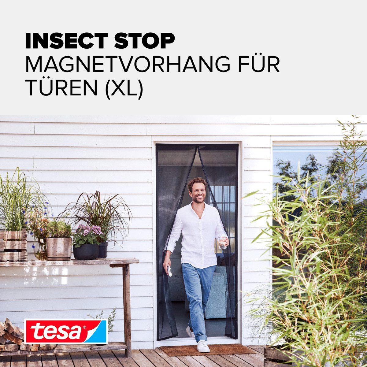 tesa Insektenschutz-Vorhang Insect Stop Magnetvorhang selbstschließend, XL - 1,20 m x 2,40 m, (Packung, 1-St., Magnetvorhang, selbstklebendes Klettband), Insektenschutzvorhang mit Magneten - für Balkon- und Terrassentüren