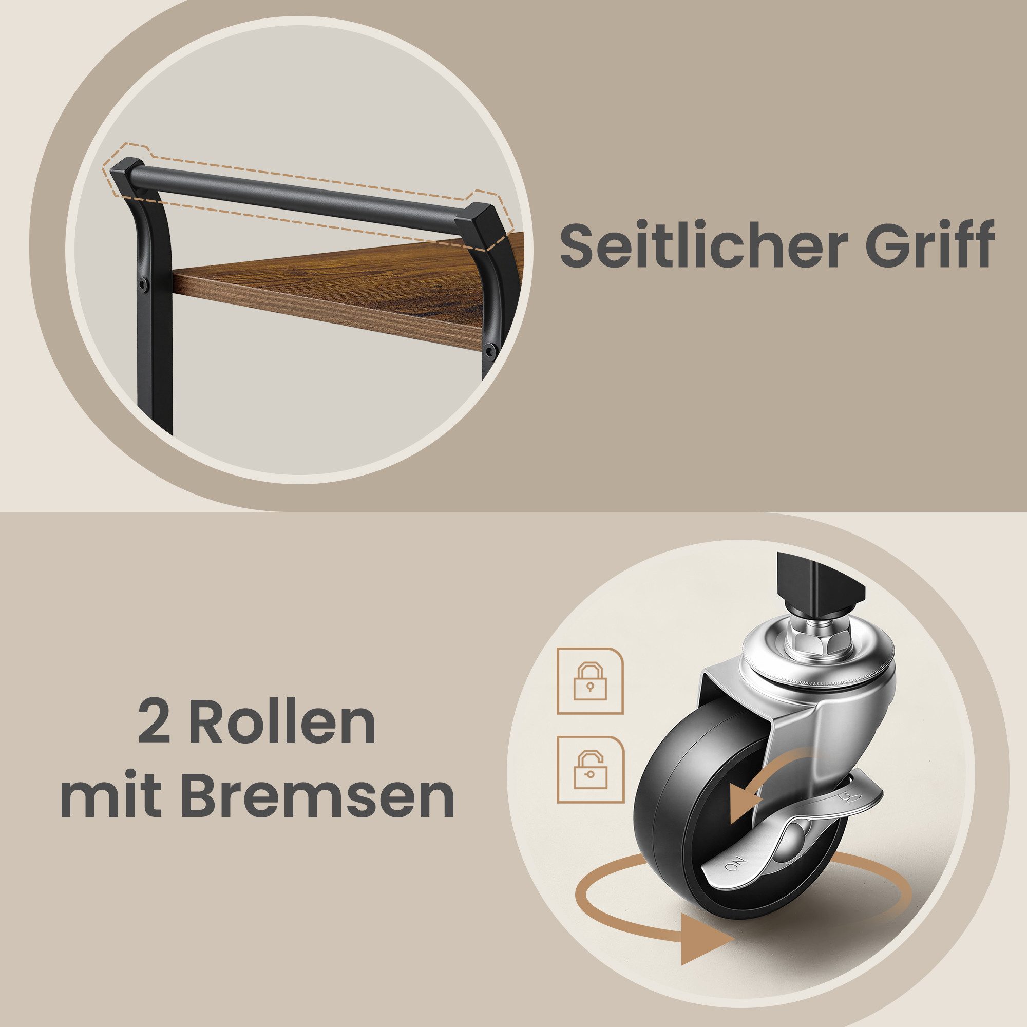 VASAGLE Beistellwagen Servierwagen Küchenwagen mit verstellbaren Füßen und Rollen, 64,5 x 32 x 85,5 cm, Industrie-Design, Stahlrahmen, Küchenregal – Bild 4 von 5