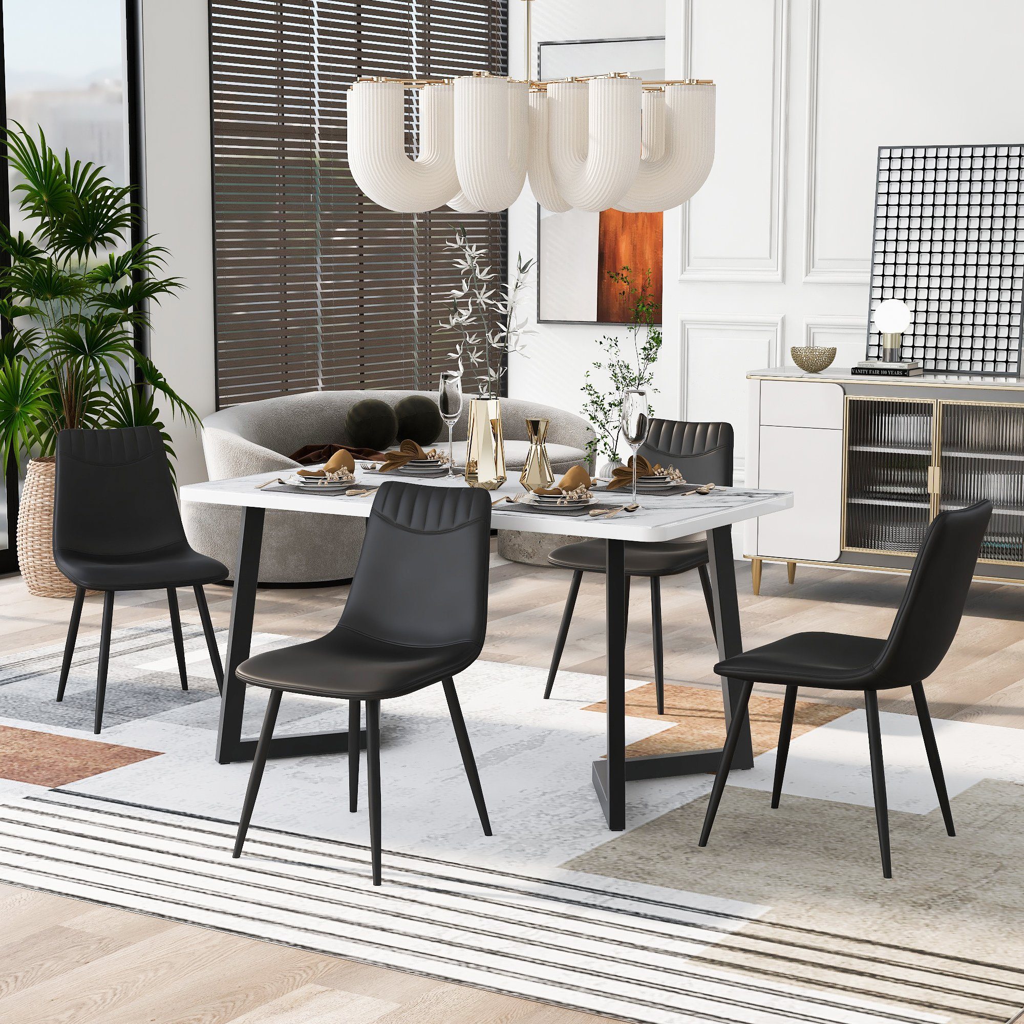 WISHDOR Esszimmerstuhl Wohnzimmer Stühle,Polsterstuhl (Schwarz, 4 St), Kunstleder Küchenstuhl mit Metallbeinen