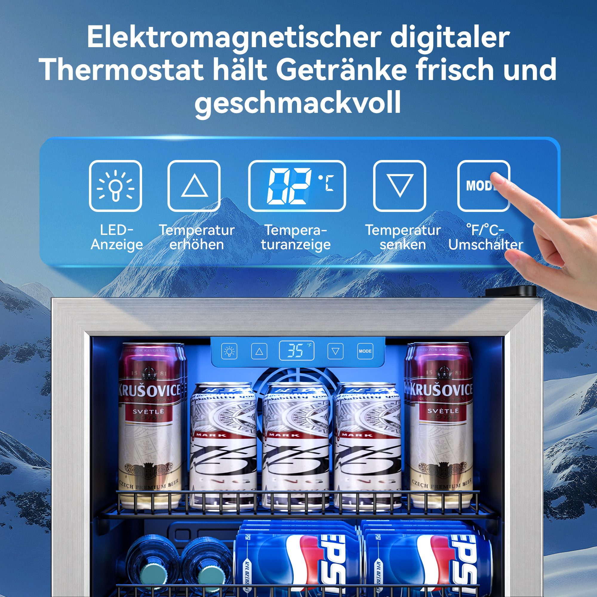 Furnicopia Getränkekühlschrank 89L, Doppelverglasung, LED-Beleuchtung, geräuscharm, silberner Aluminium-Rahmen KVC-90, LED-Touch, verstellbare Füße & Ablagen, silberner Alu-Rahmen