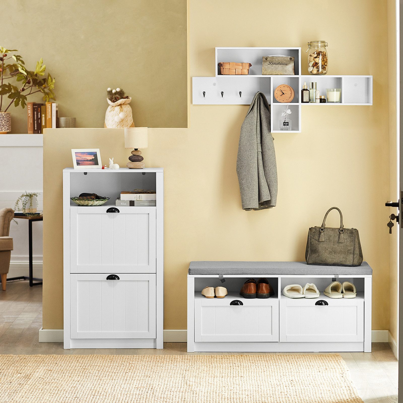 SoBuy Schuhschrank FSR87, Schuhkommode Schuhregal, Schuhschrank schmal Schuhkipper schmal mit 2 Klappen Schuhregal mit 4 Ablageflächen – Bild 4 von 5