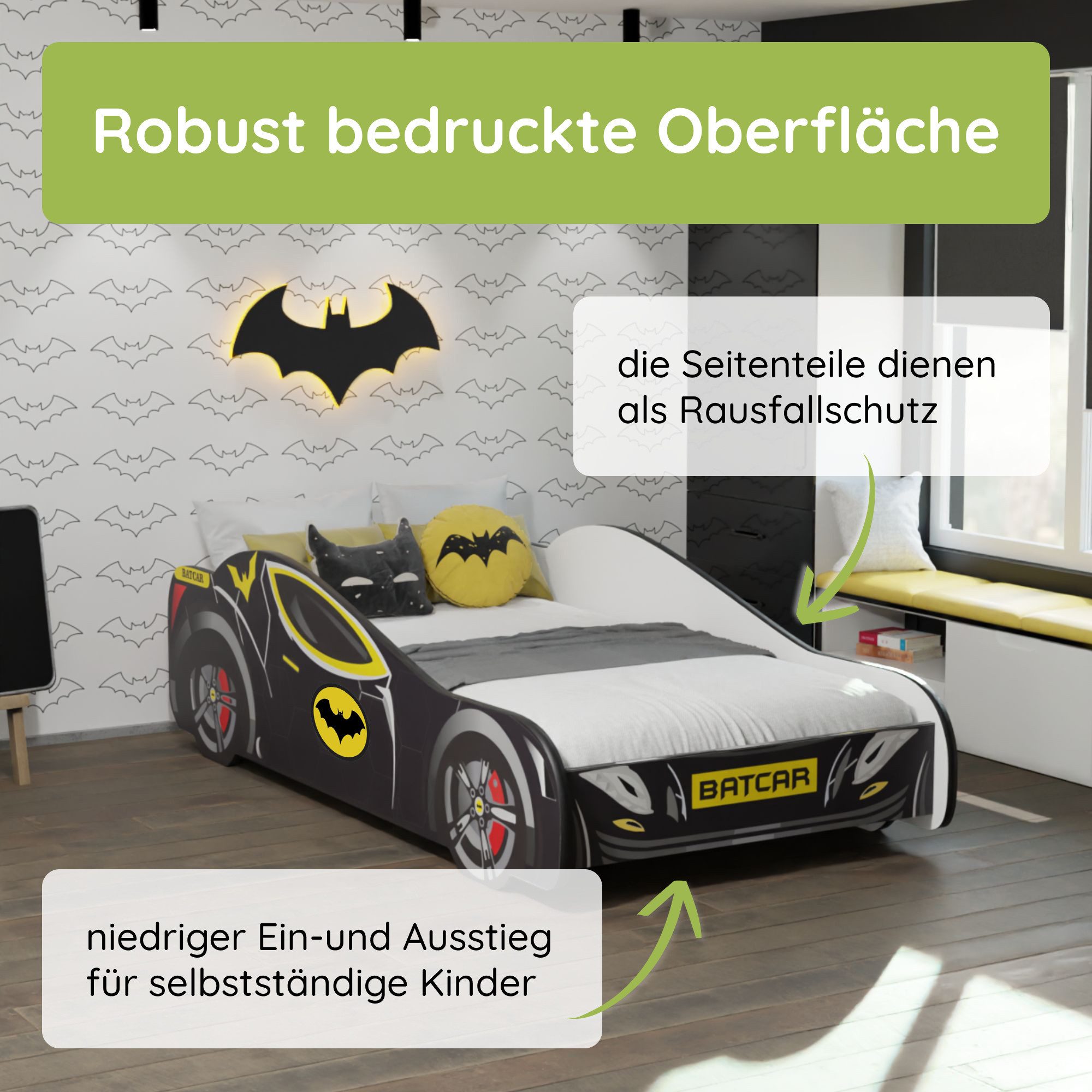 Kids Collective Car Bed 70x140 / 80x160 cm Children's Bed/Youth Bed with Fall Protection (Batman Batmobile Bat Car Play Bed, Batman Batmobile Bat Car Play Bed), Children's Bed 70x140 cm with Slatted Base - for children from 2 years old