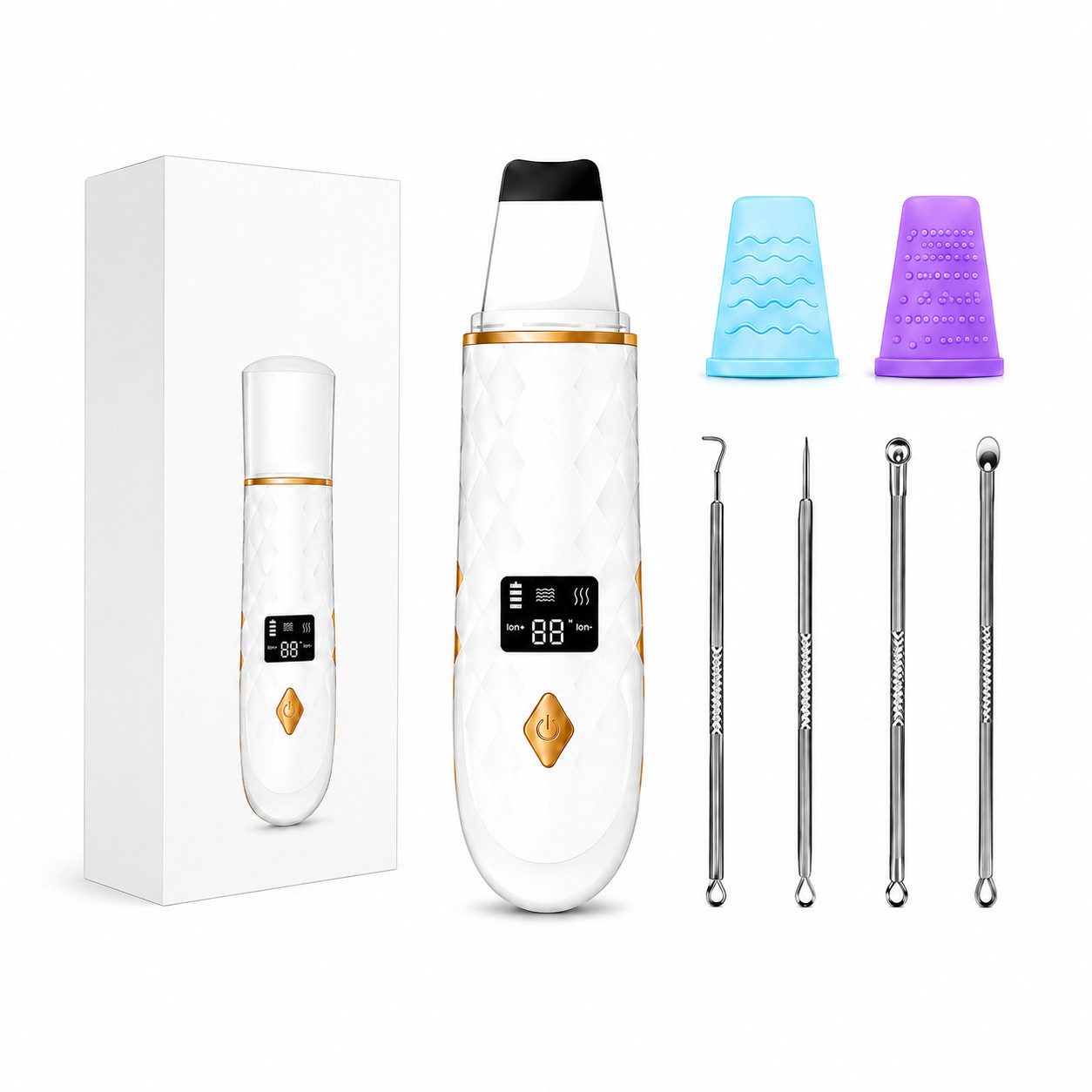 Fyrove Porenreiniger Ultraschall Skin Scrubber mit 4 Modi, LCD und Mitesserentferner, Gesichtsreinigungsgerät Mitesserentferner Edelstahl-Spatel Hautpflege, Ultraschalltechnologie, EMS, Ionenfunktion, Edelstahl-Spatel