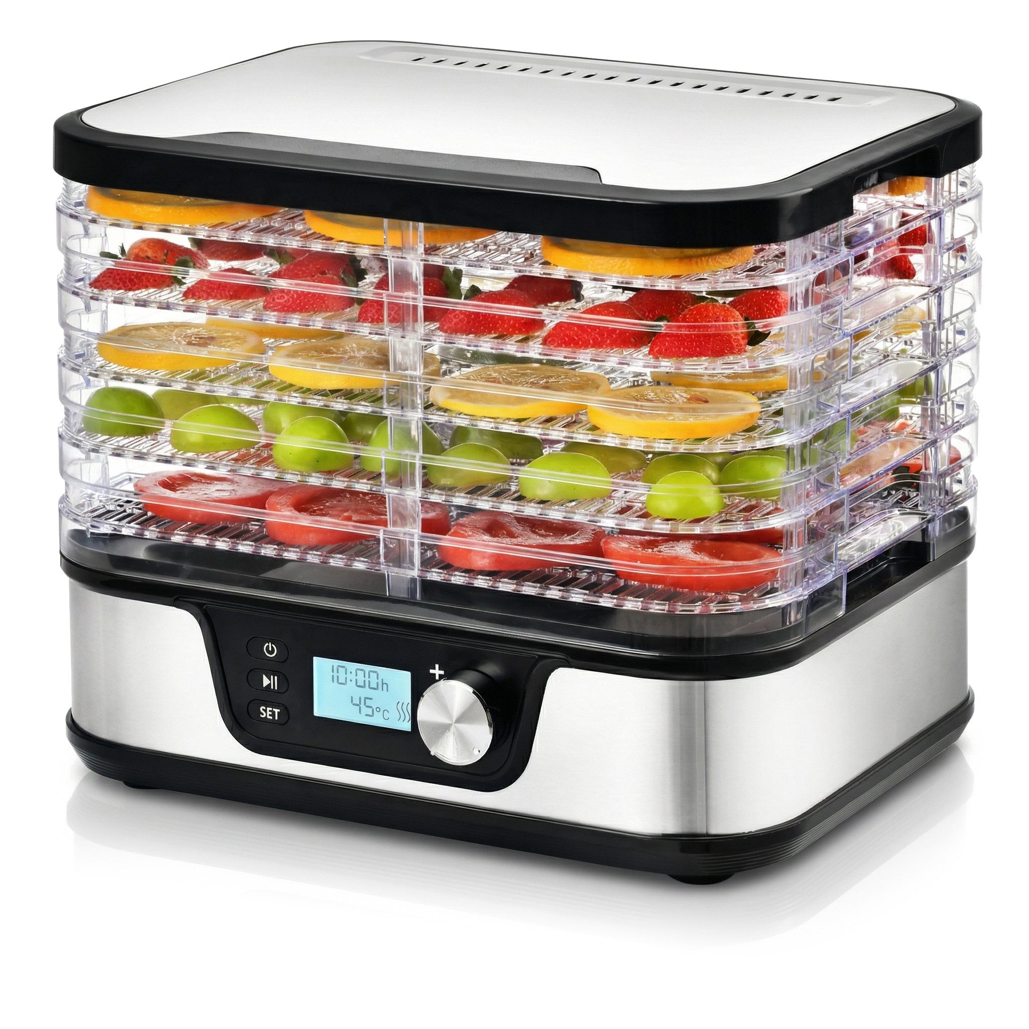 Arendo Dörrautomat mit Temperaturregler, 5 Etagen, 35-75°C, Edelstahl, Dörrgerät, Display 380 W, 5 Etagen, Timer 24h, BPA-frei, für Fleisch/Obst/Gemüse, 5 Einlegefächer