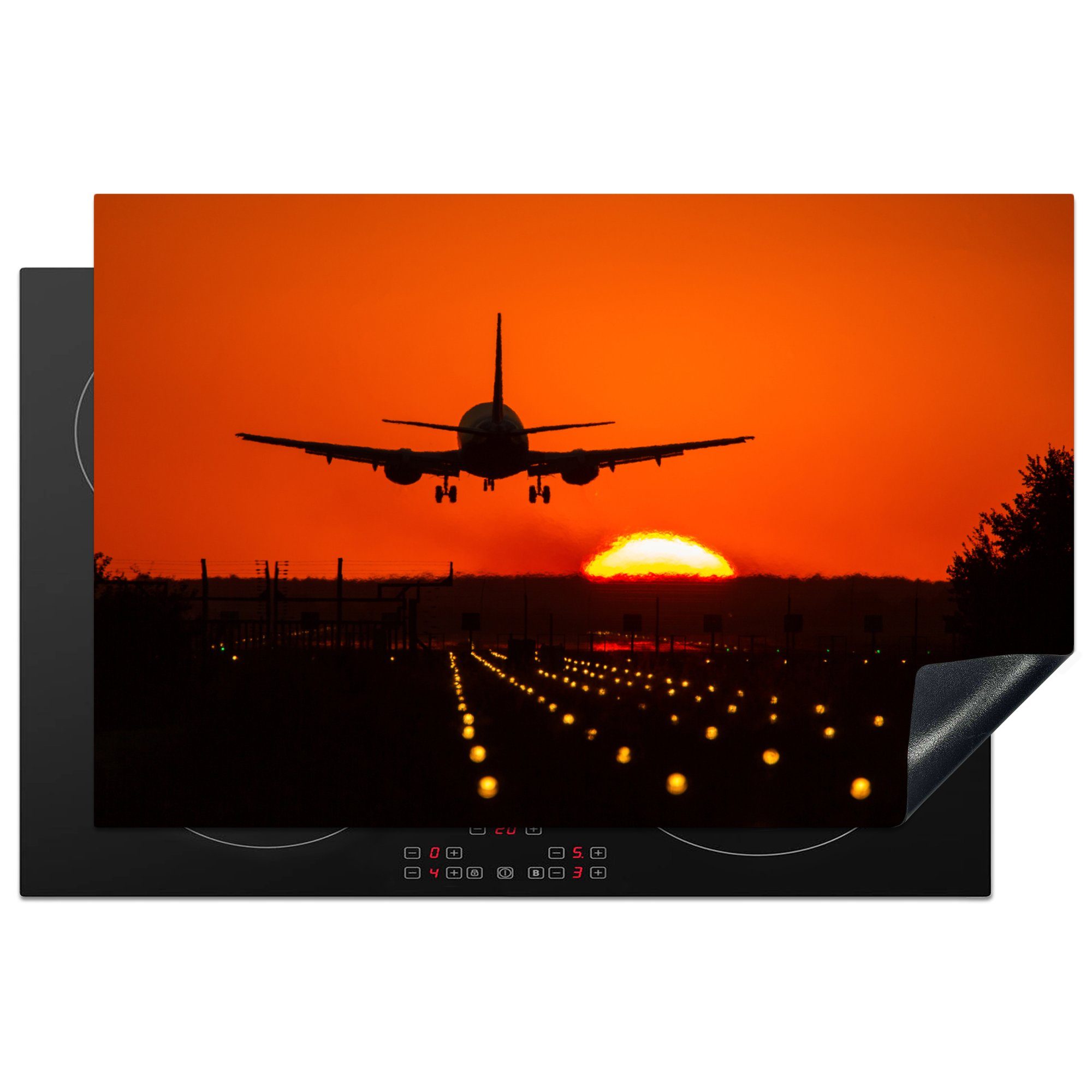 - Sonnenuntergang küche, Vinyl, 81x52 Flugzeug (1 - - tlg), für Orange Schutz MuchoWow Sonne, Induktionskochfeld die cm, Herdblende-/Abdeckplatte Ceranfeldabdeckung