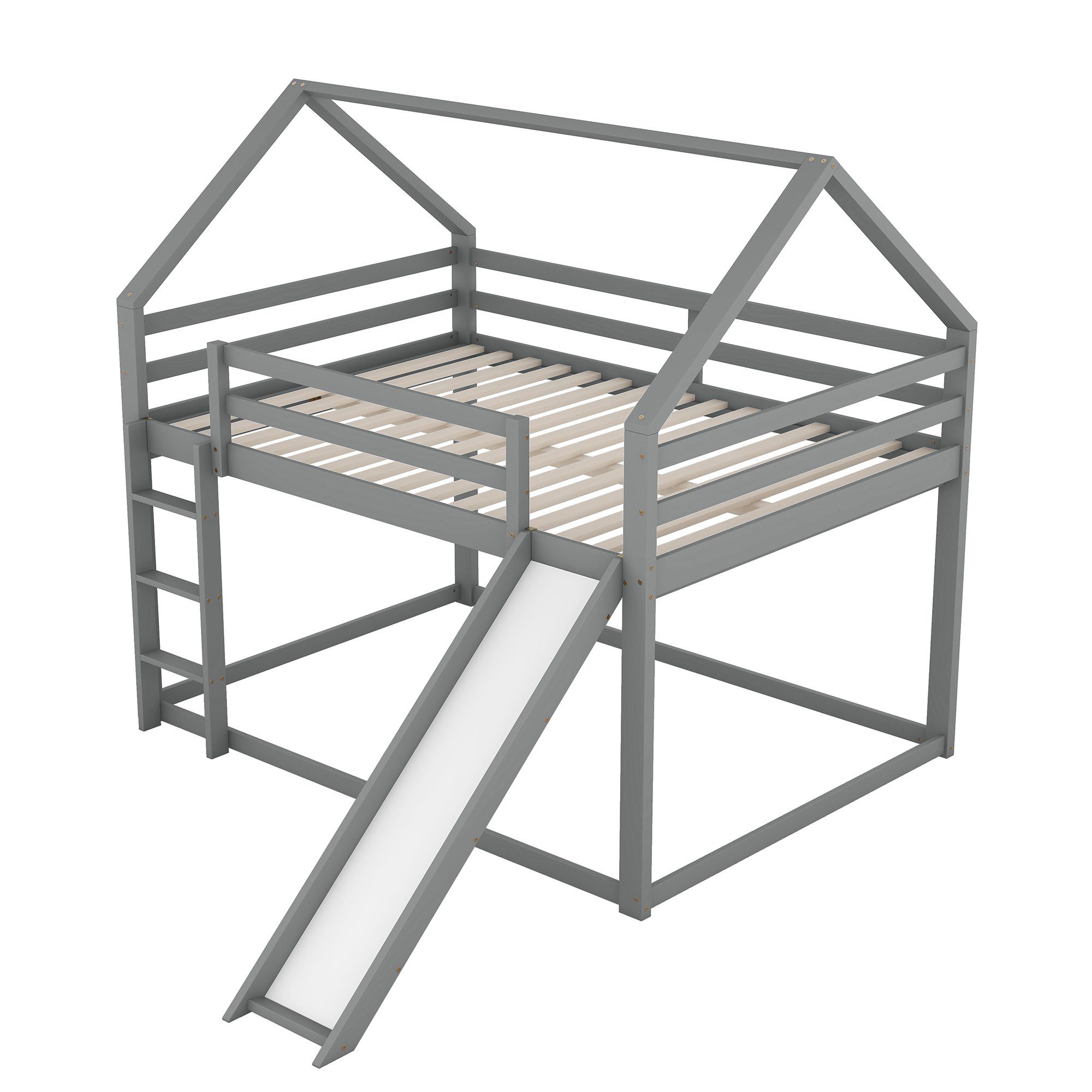Etagenbett (inklusive Lattenrost, Rutsche, Leiter und Fallschutz), Hausbett Kinderbett mit 2 Schlafgelegenheiten, 140x200cm, Kiefer