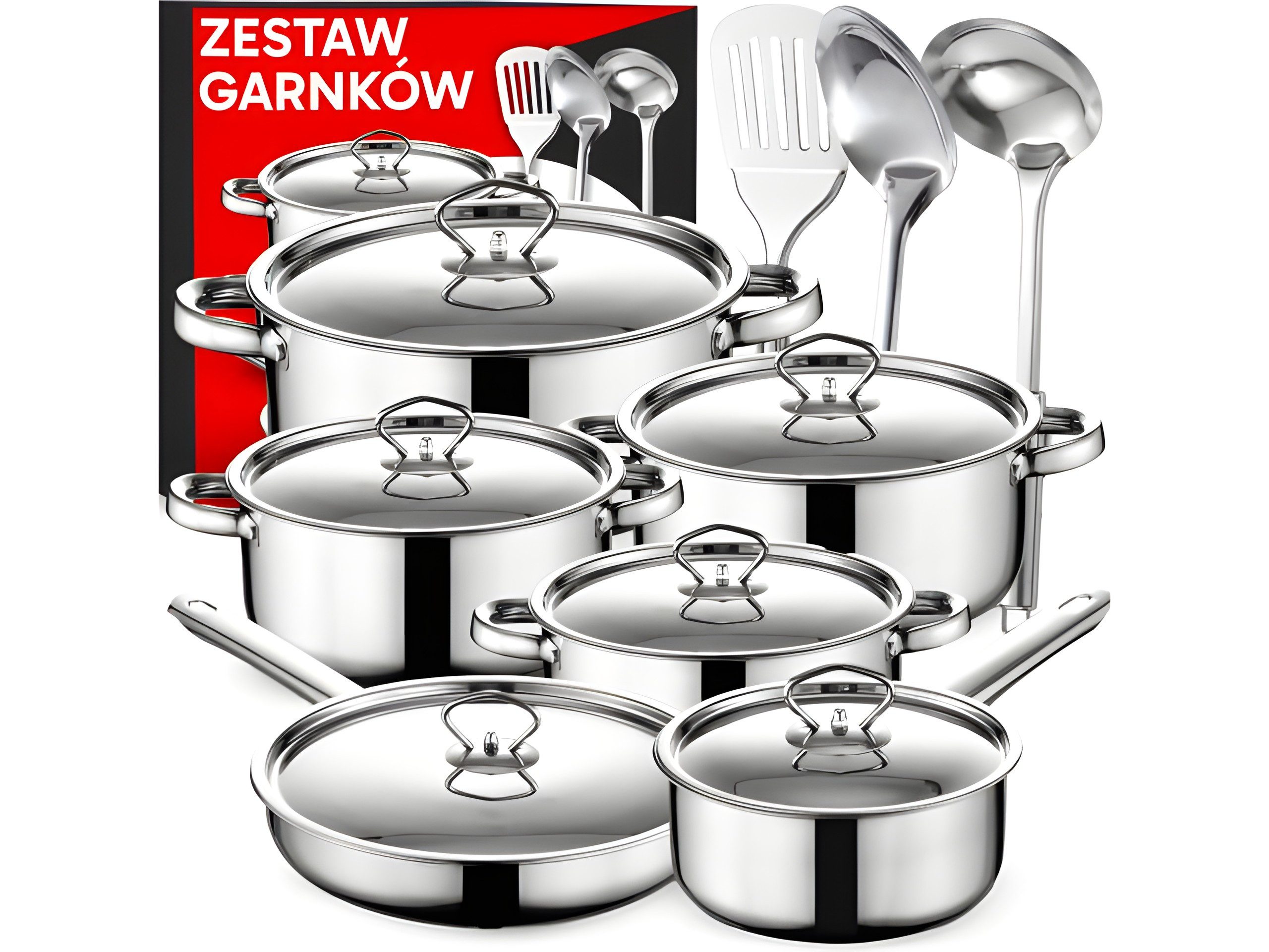 Retoo Topf-Set Kochset Edelstahl 15-teilig mit Pfanne, Töpfen & Küchenhelfern, Edelstahl (Kochgeschirr-Set, 15-tlg., 15-teiliges Kochgeschirr-Set aus Edelstahl), Alle Herdarten; Edelstahl; Glasdeckel mit Dampfauslass
