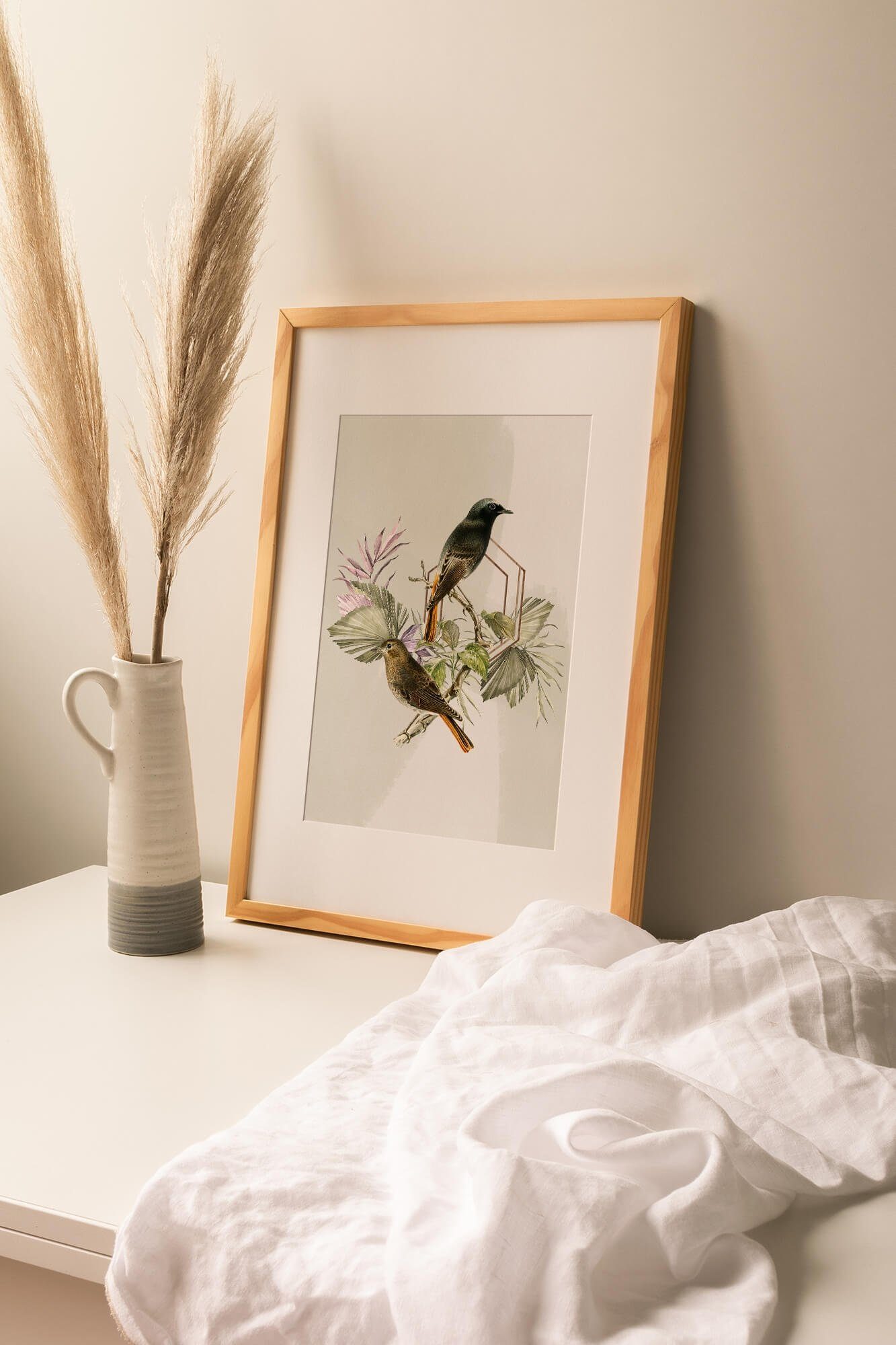 Sinus Art Wandbild Vogel Motiv Fliegenschnäpper Blumen Blüten Exotisch Kunstvoll