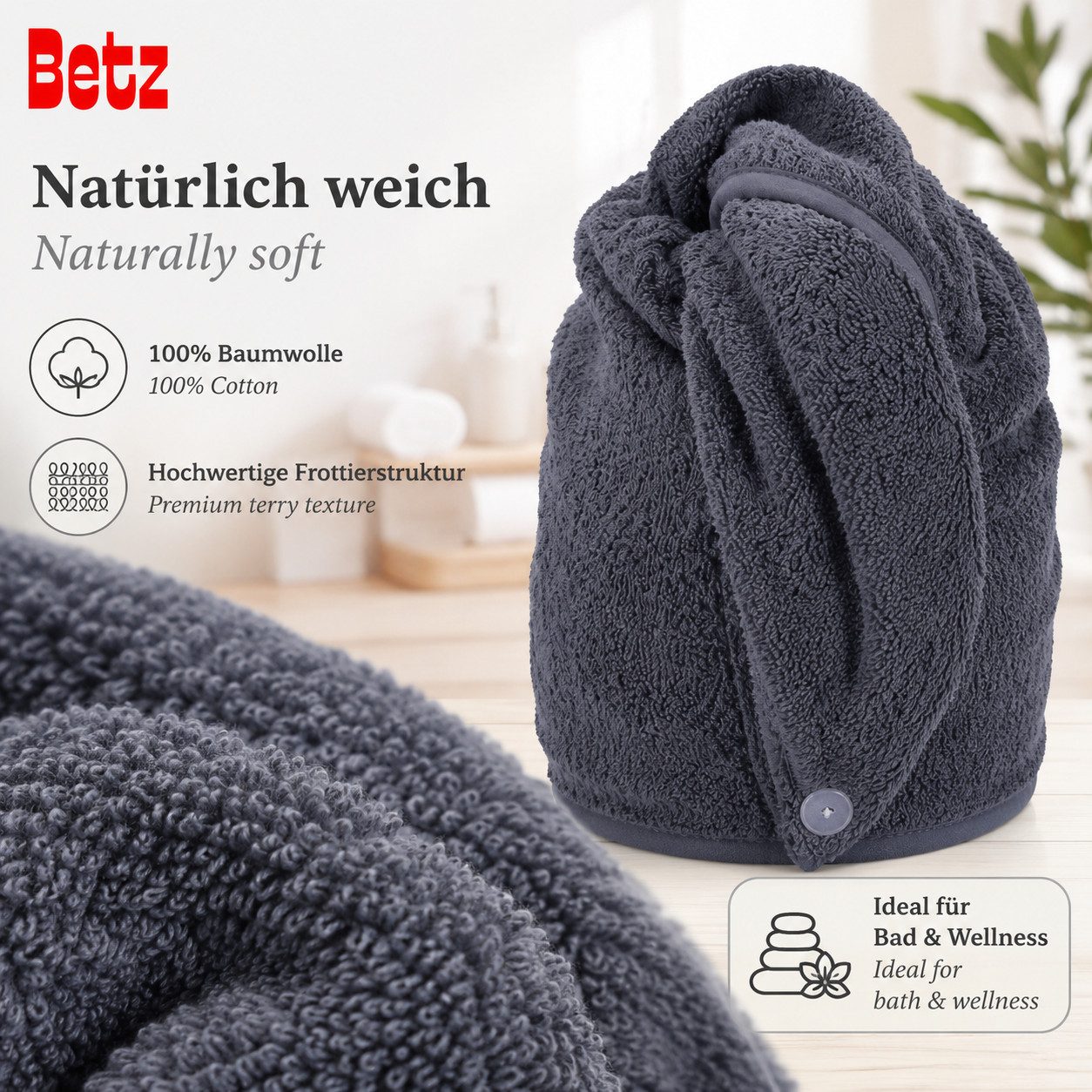 Betz Turban-Handtuch mit Knopf BERLIN Kopfhandtuch Haarturban, (2-St), mit Knopfverschluss – Bild 3 von 5